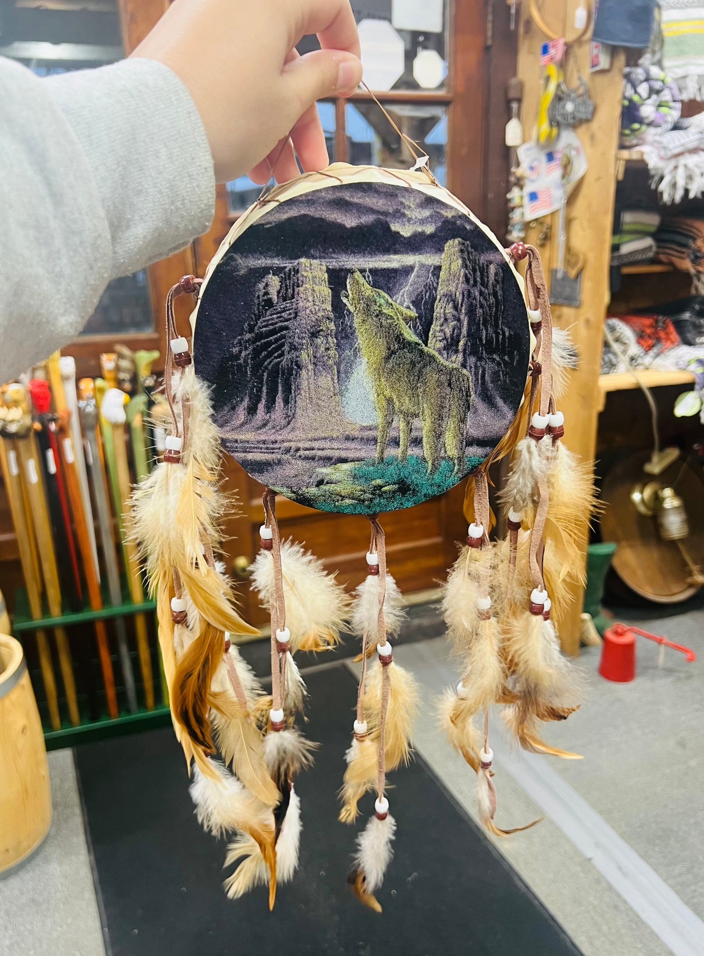 Wolf and Waterfall Drum Dreamcatcher