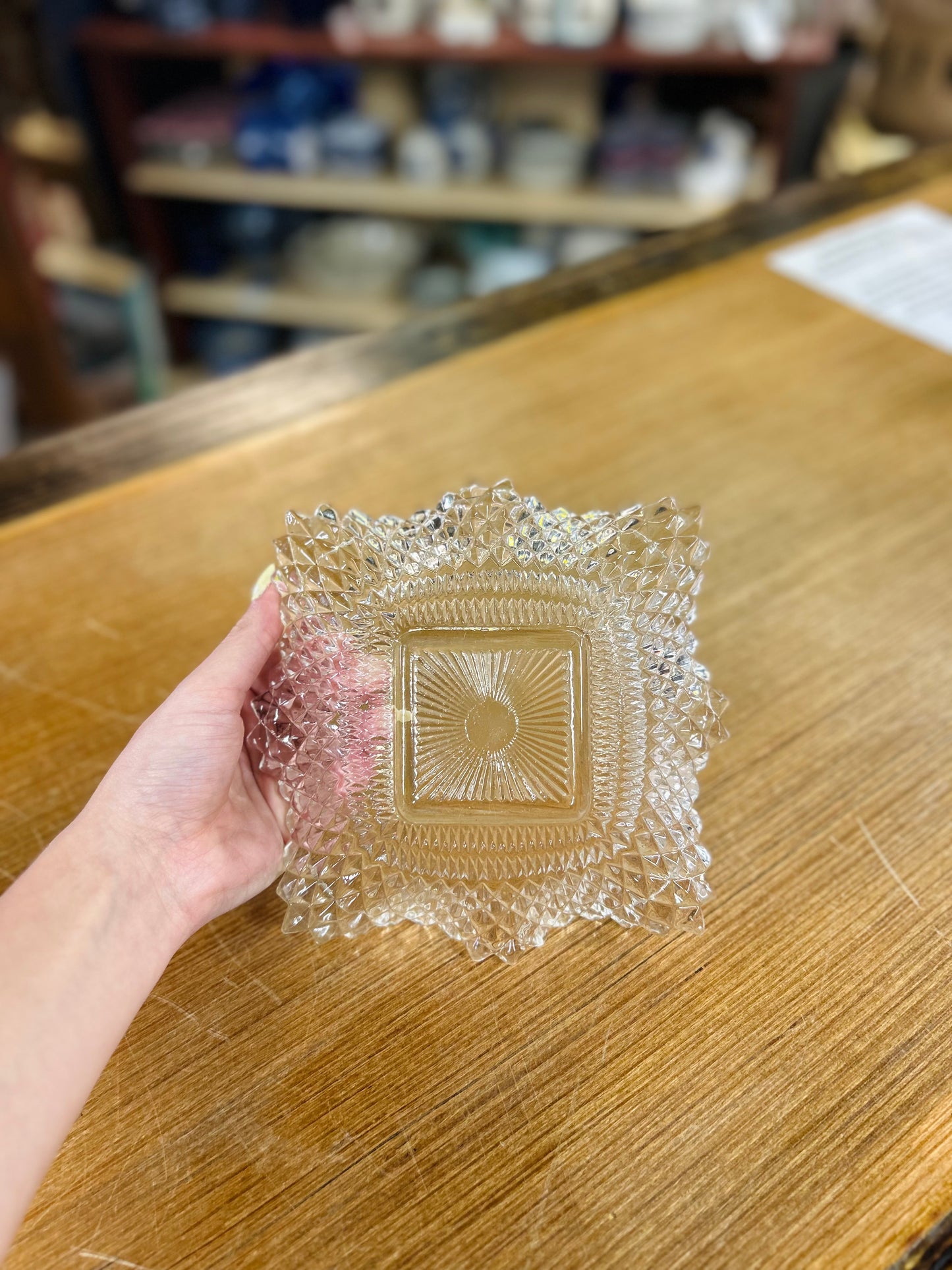 Vintage Indiana Glass Diamond Point Pattern Candy Dish with Ruffled Edge Set