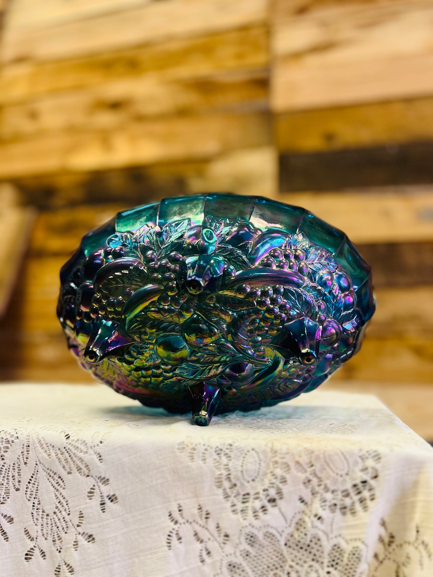 Vintage Blue Carnival Glass Fruit Bowl