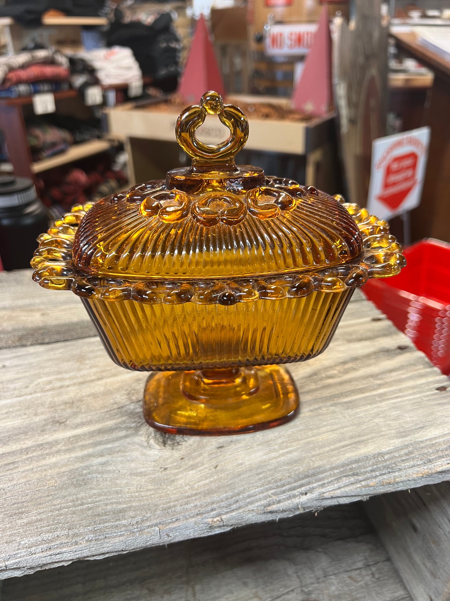 Glass Amber Candy Dish with Lid