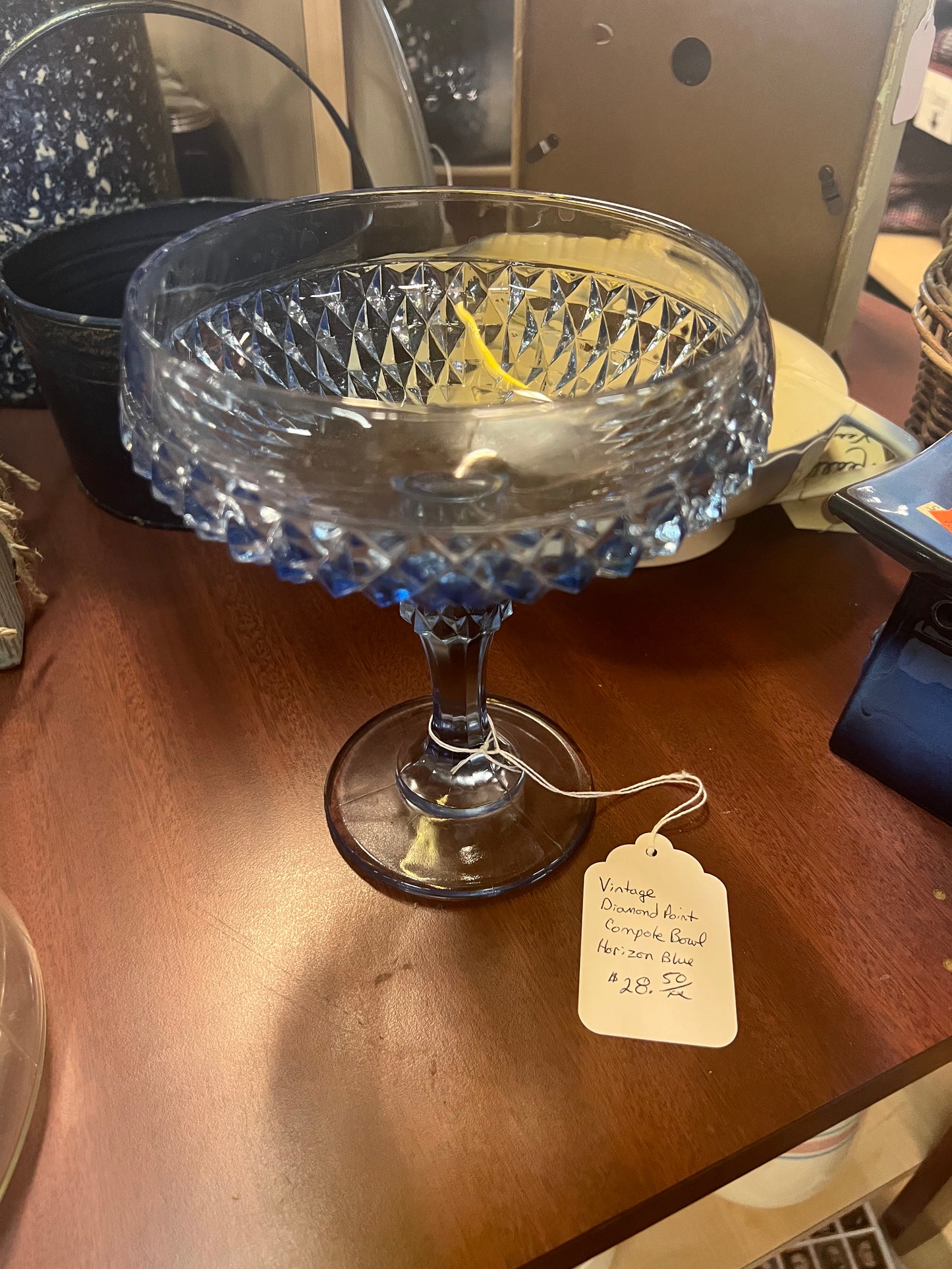 Vintage Blue Diamond Point Compote Bowl