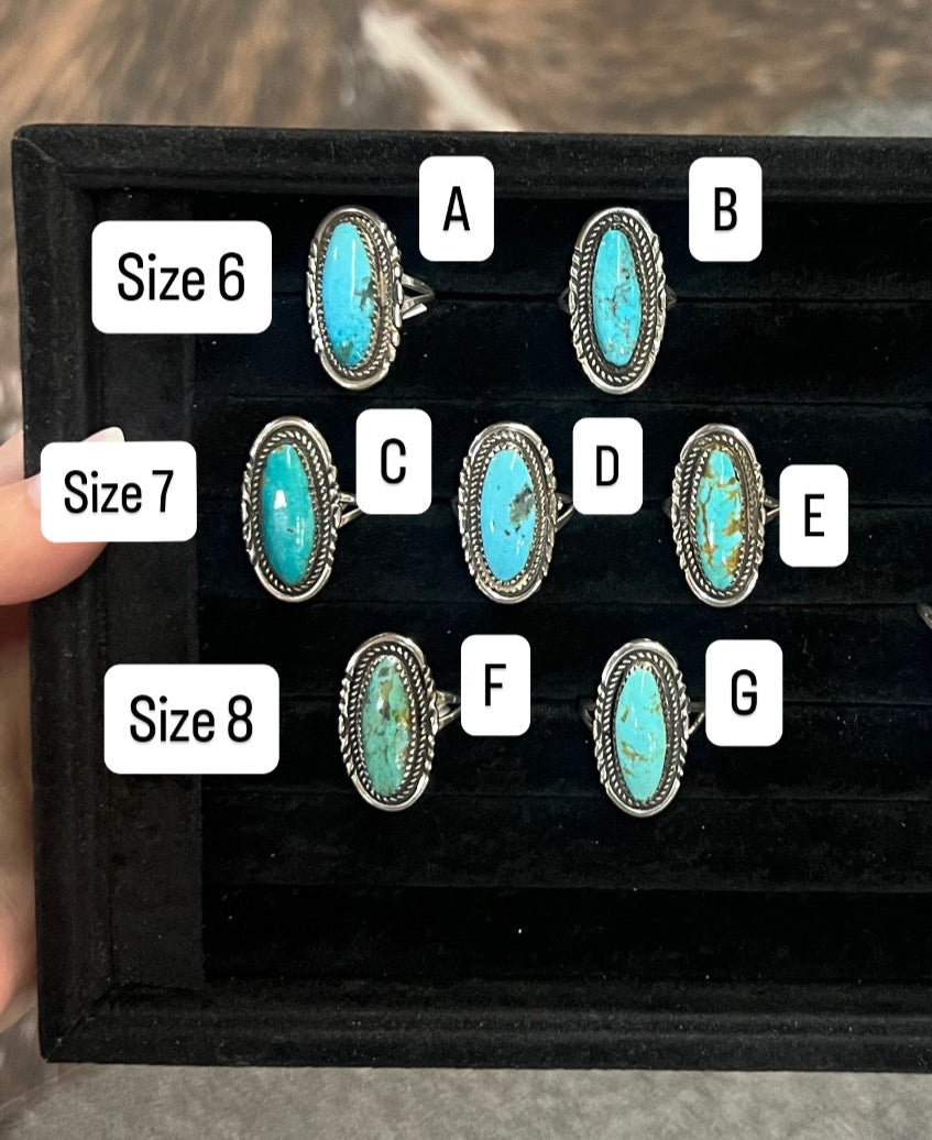 Oval Kingman Turquoise Ring with Stamped Border