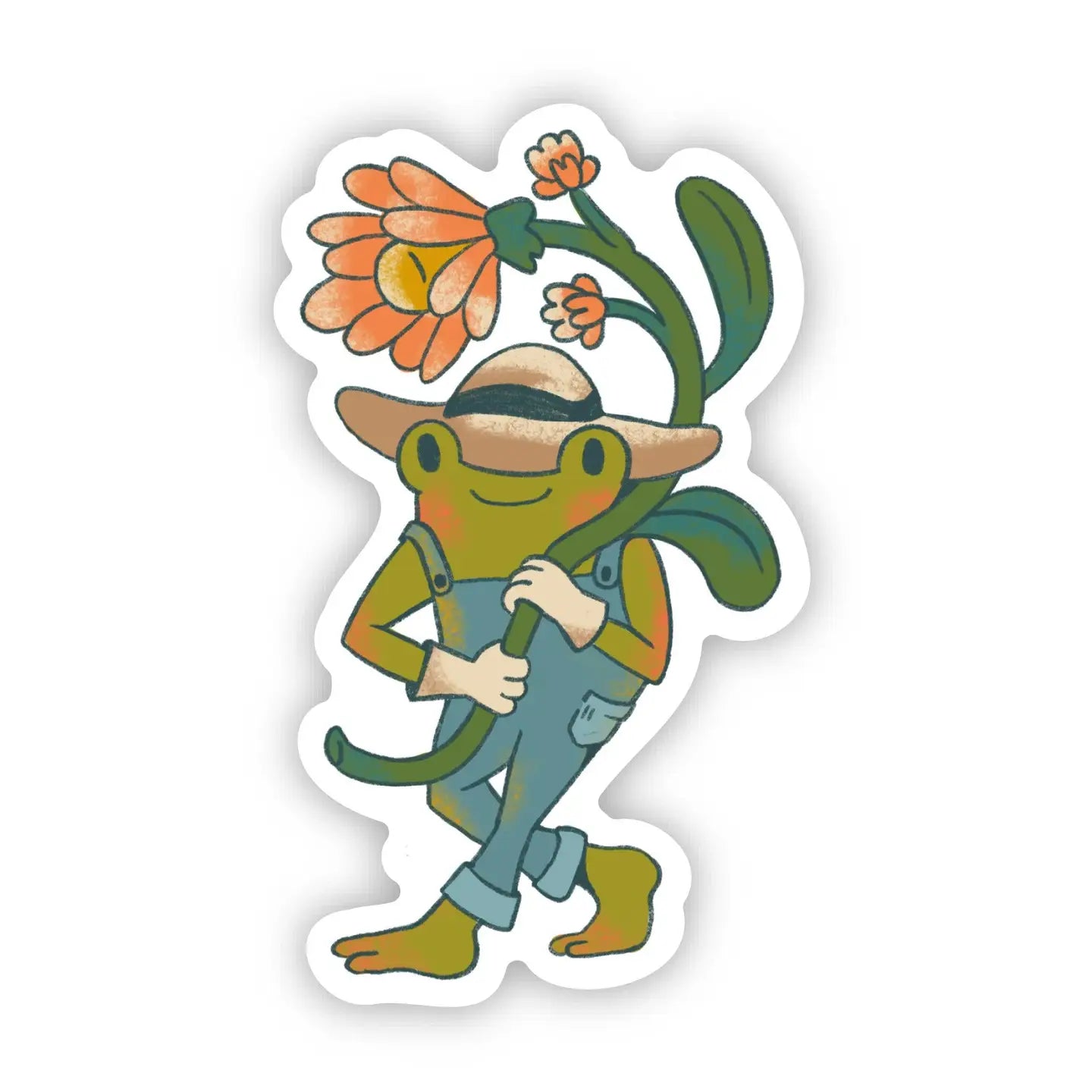Frog in Overalls Hugging Flowers Sticker
