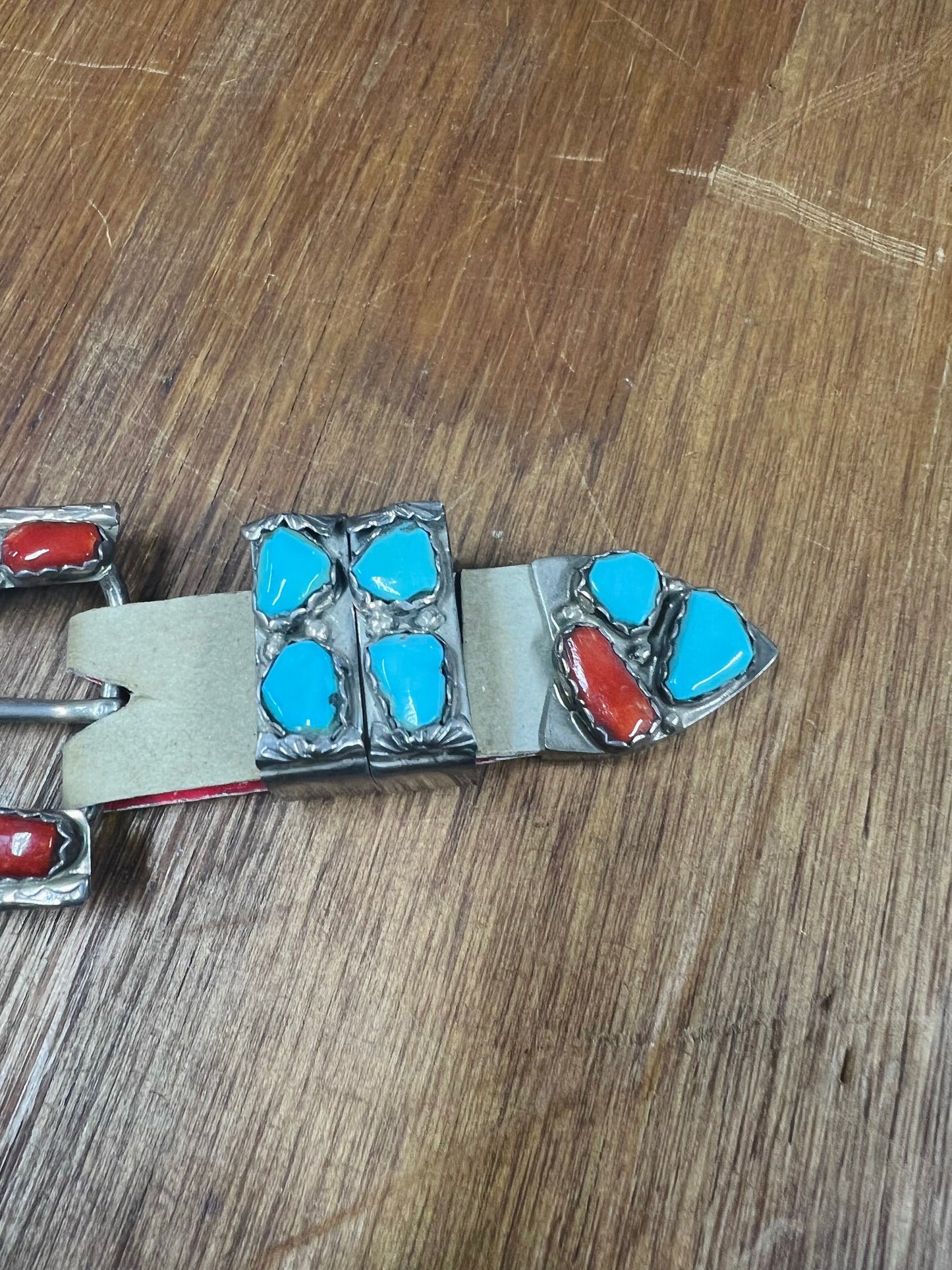 Vintage Angelita Cheama Sterling Silver Zuni Turquoise and Coral Belt Buckle Set
