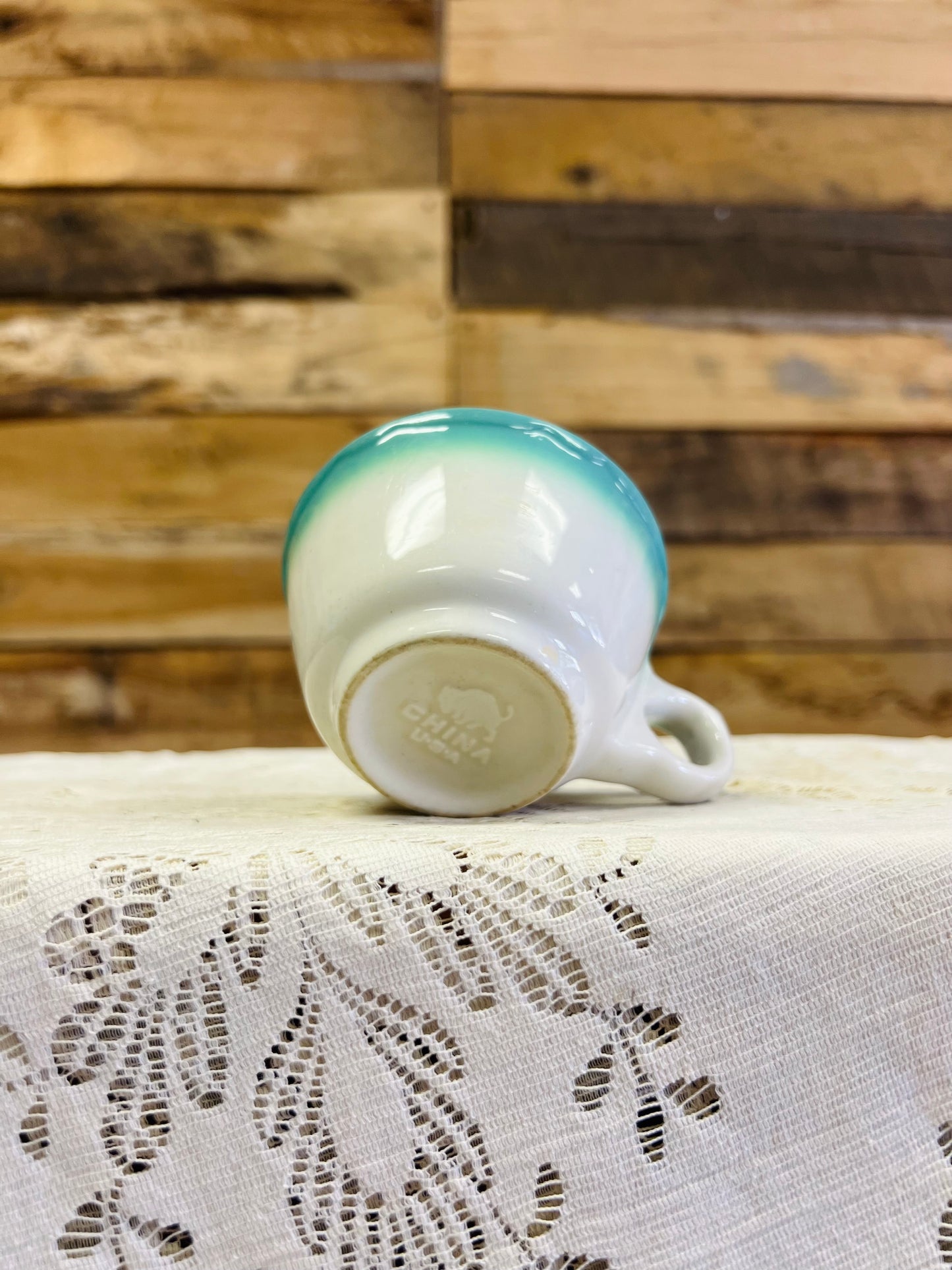 Vintage Buffalo China Mug with Turquoise Band on White Ceramic