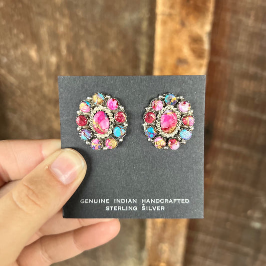 Spiny Oyster and Turquoise Cluster Earrings
