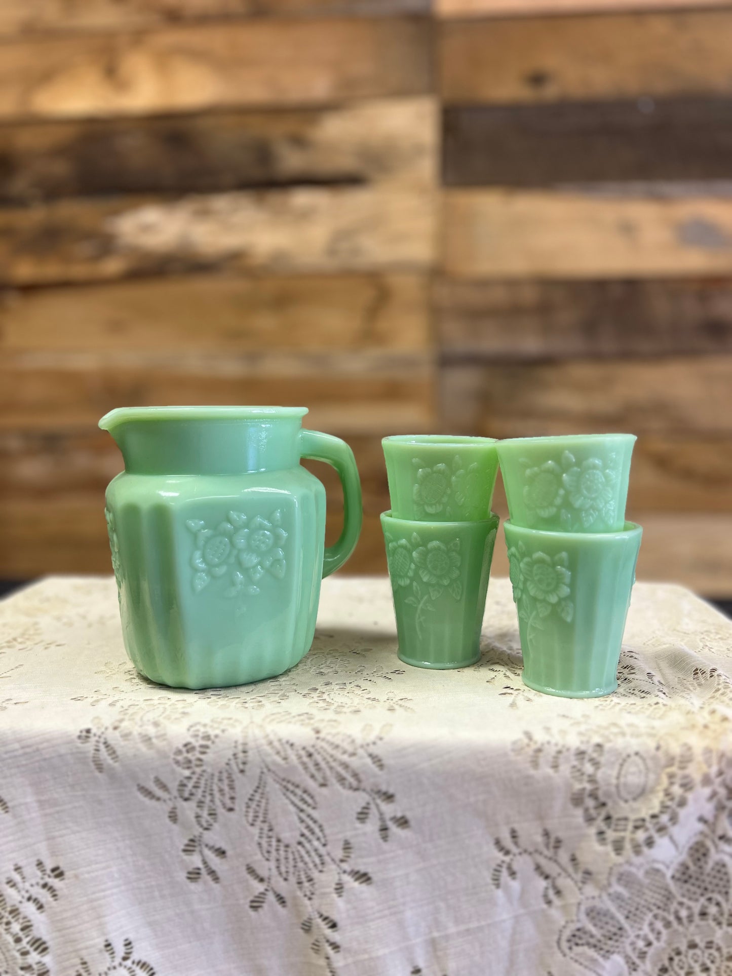 Green Jadeite Pitcher and 4 Cups Set