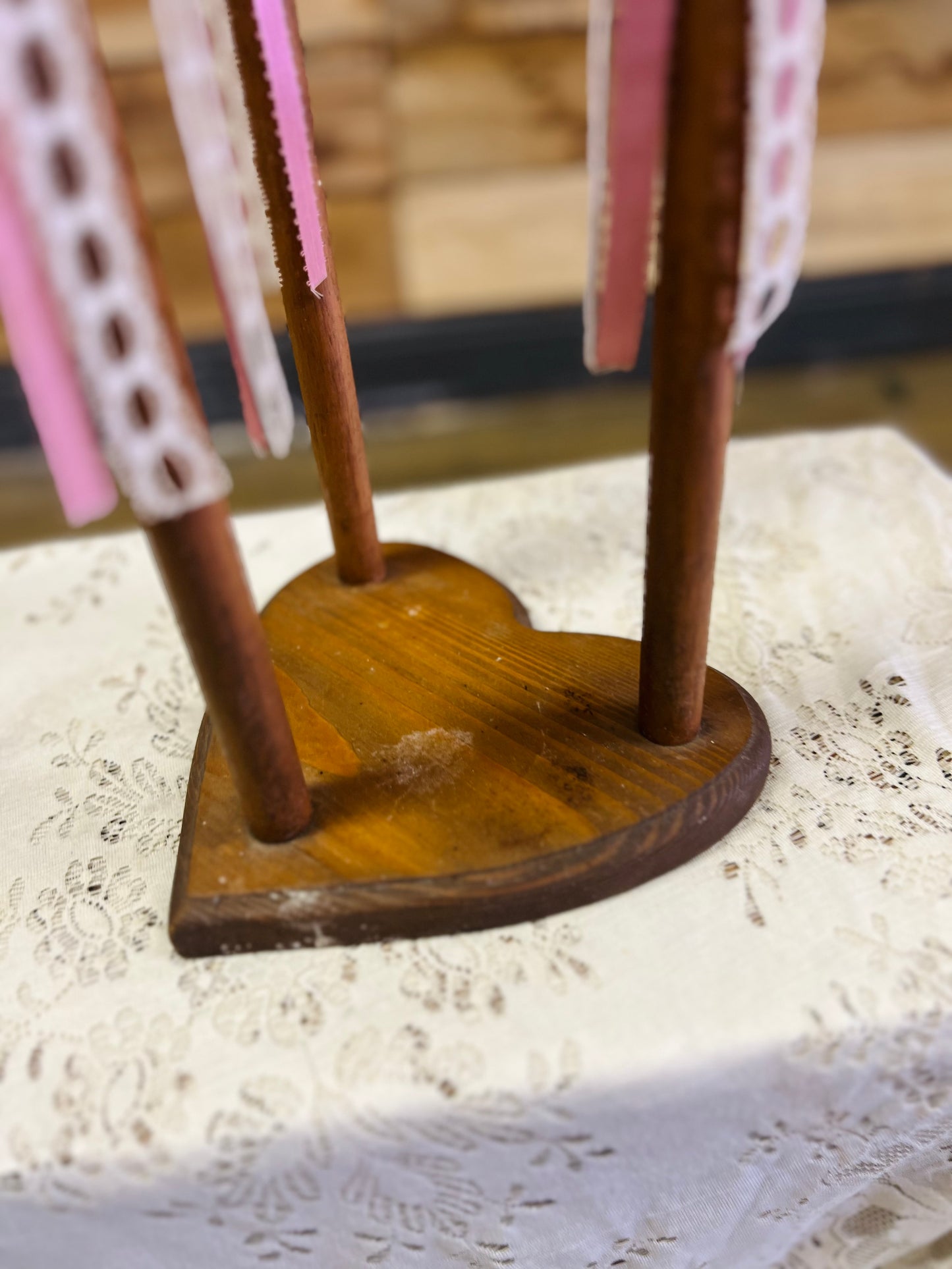 Wooden Candelabra Candle Holder with Pink and White Ribbon Bows