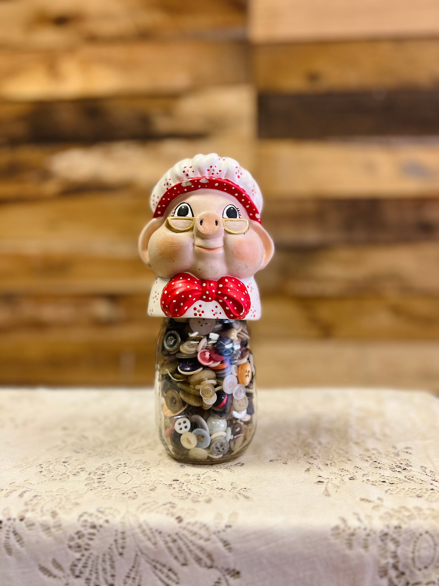 Vintage Style Ceramic " Grandma Pig" Mason Jar Filled with Buttons