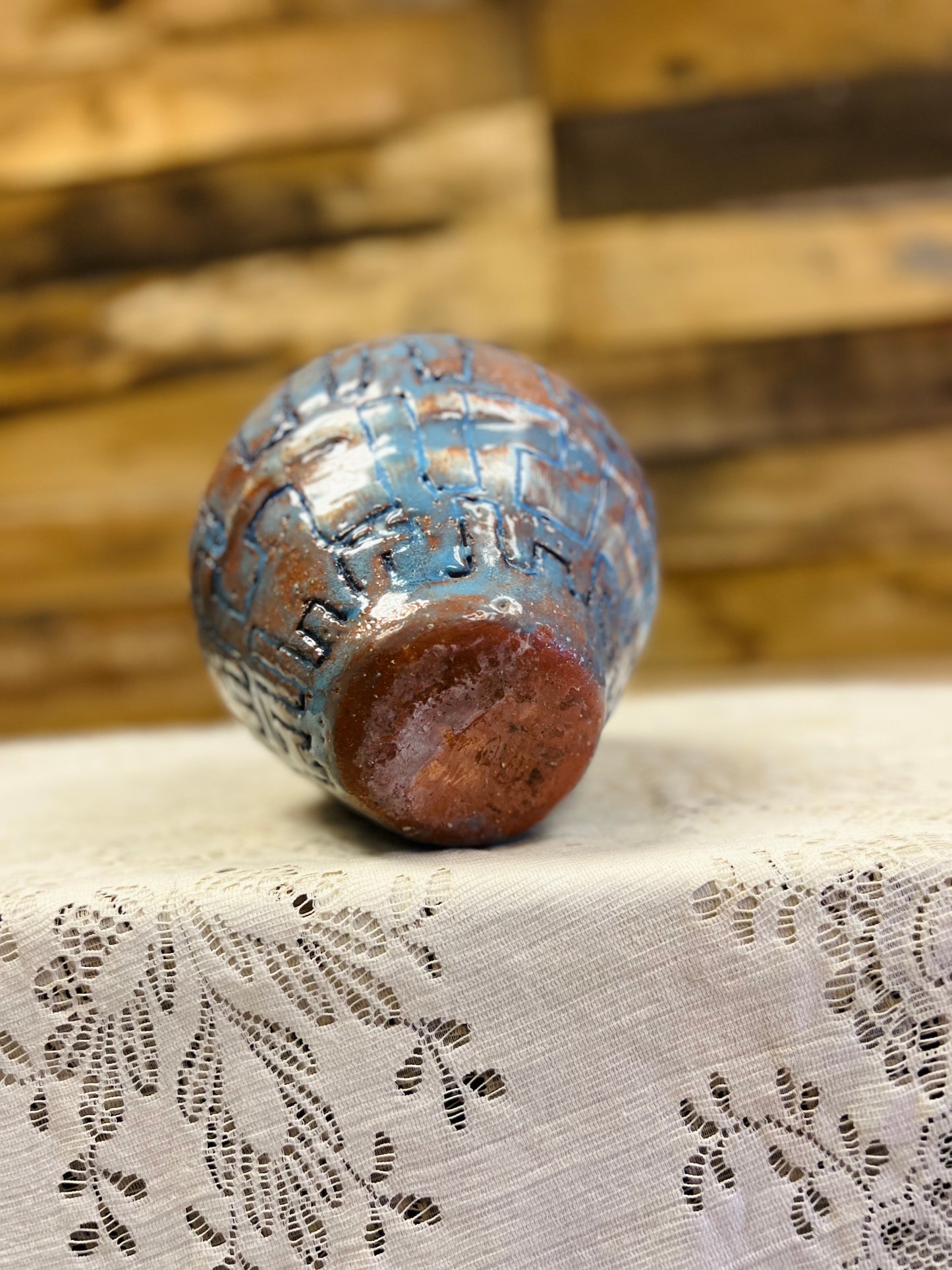 Old Handmade Blue and Orange Pottery Vase