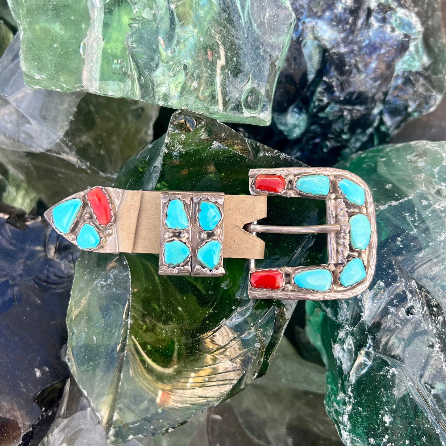 Vintage Angelita Cheama Sterling Silver Zuni Turquoise and Coral Belt Buckle Set