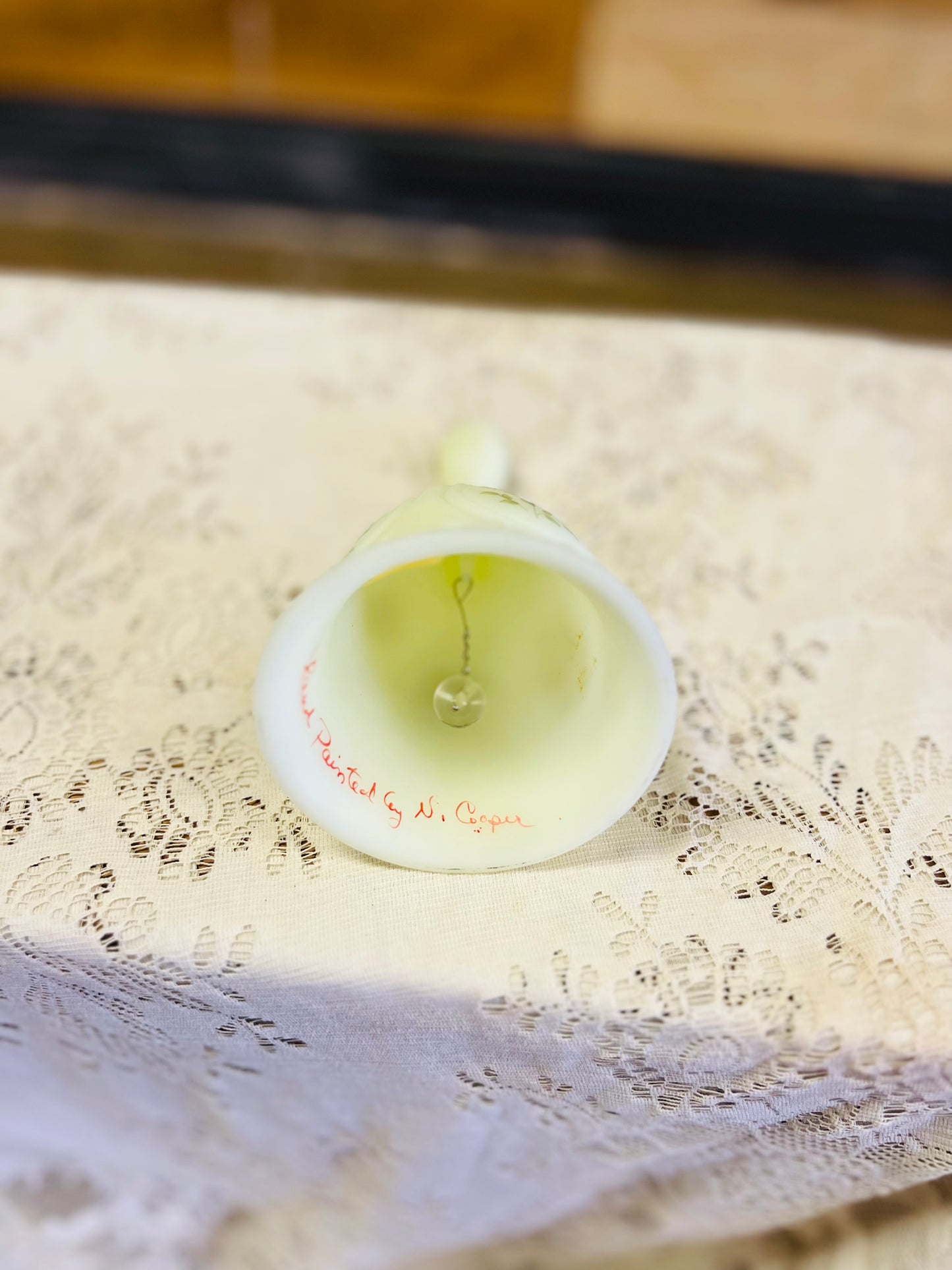 Vintage Green Fenton Uranium Handpainted Bell