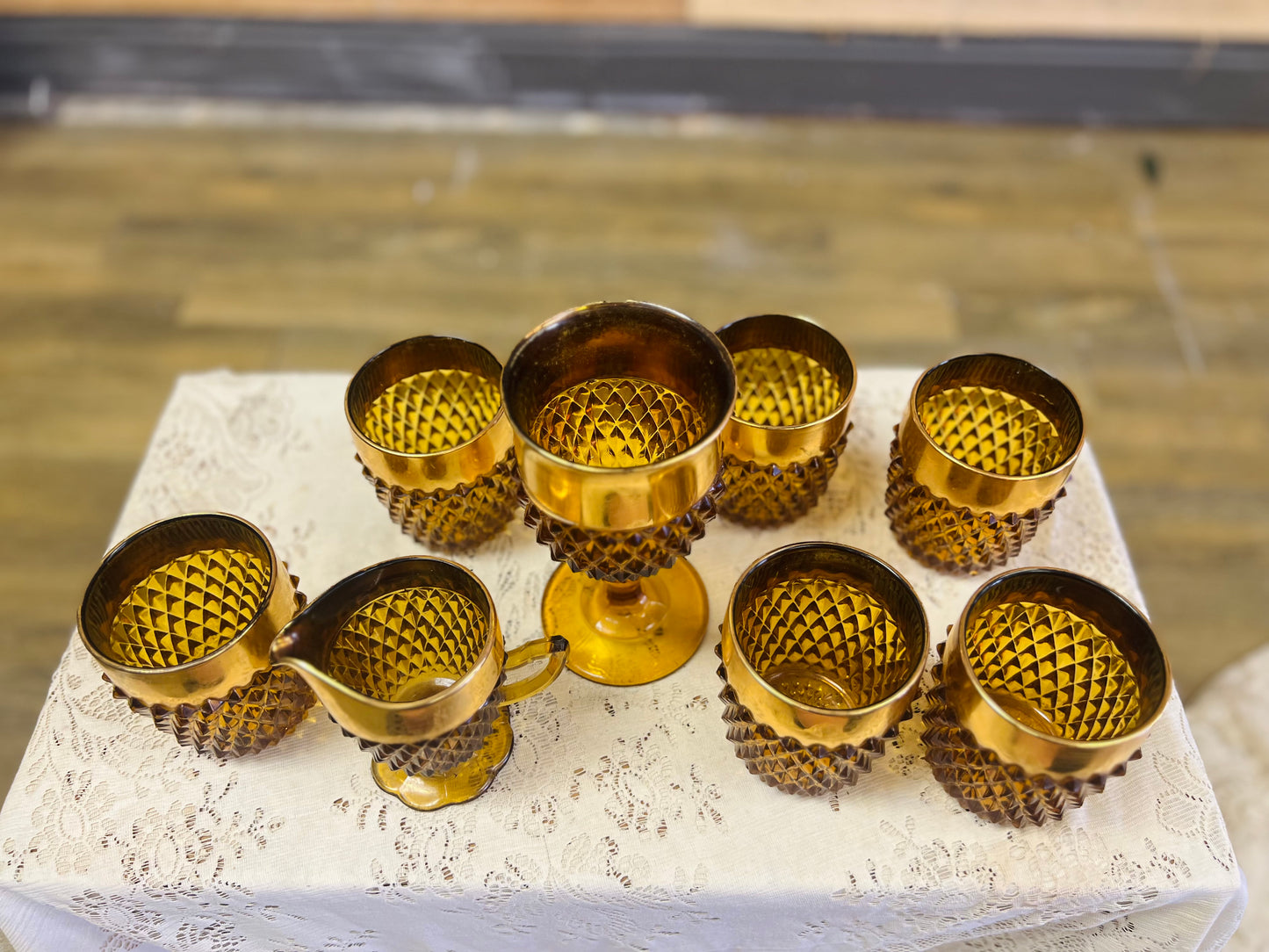 Vintage Indiana Glass Amber Diamond Point Tumbler 8 Piece Set