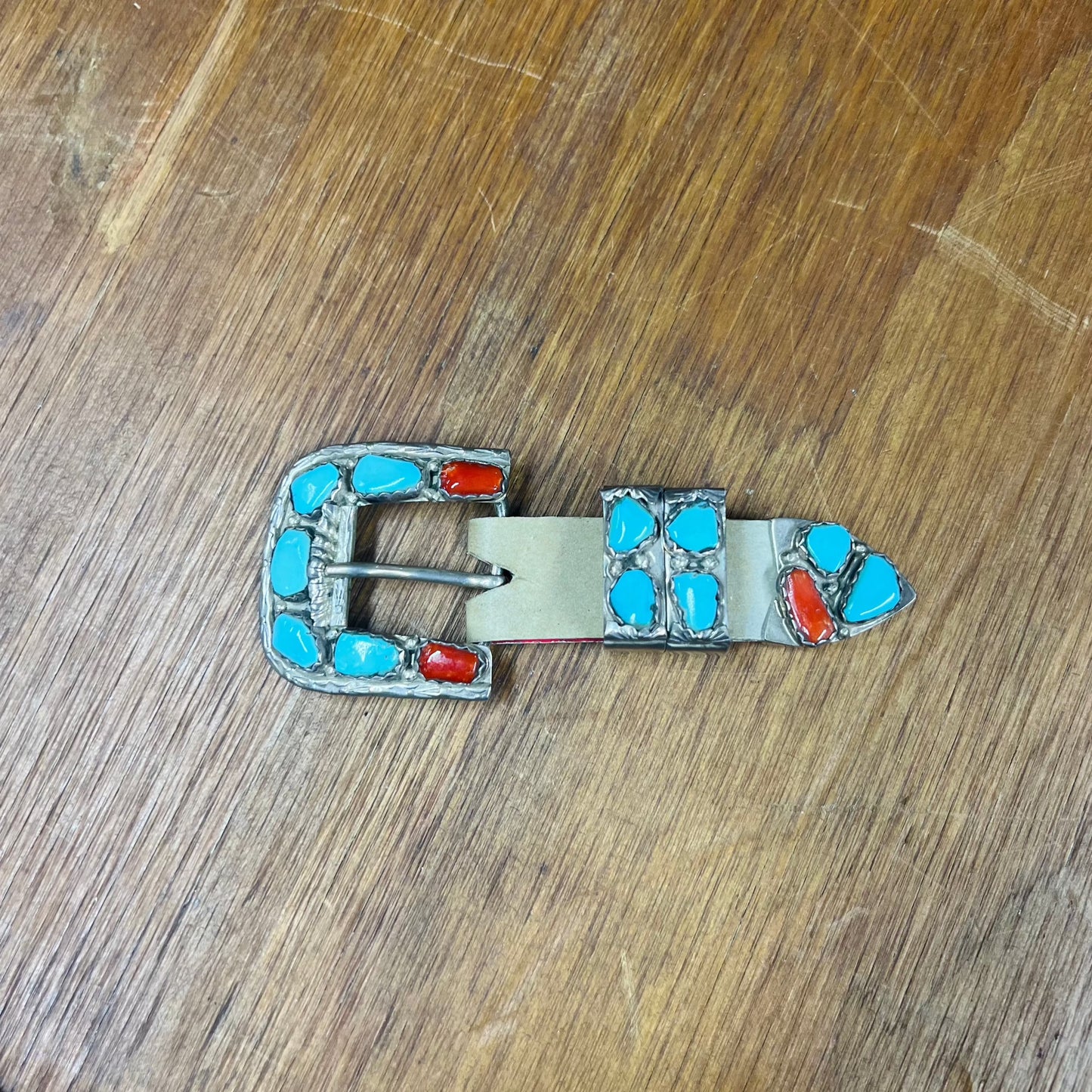 Vintage Angelita Cheama Sterling Silver Zuni Turquoise and Coral Belt Buckle Set