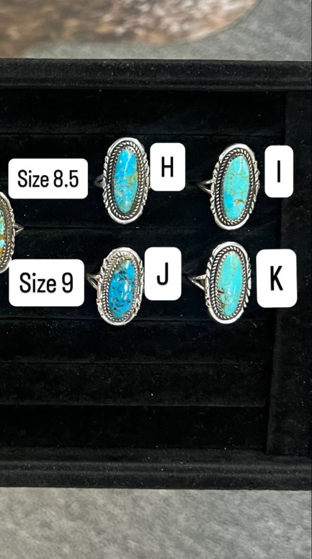 Oval Kingman Turquoise Ring with Stamped Border