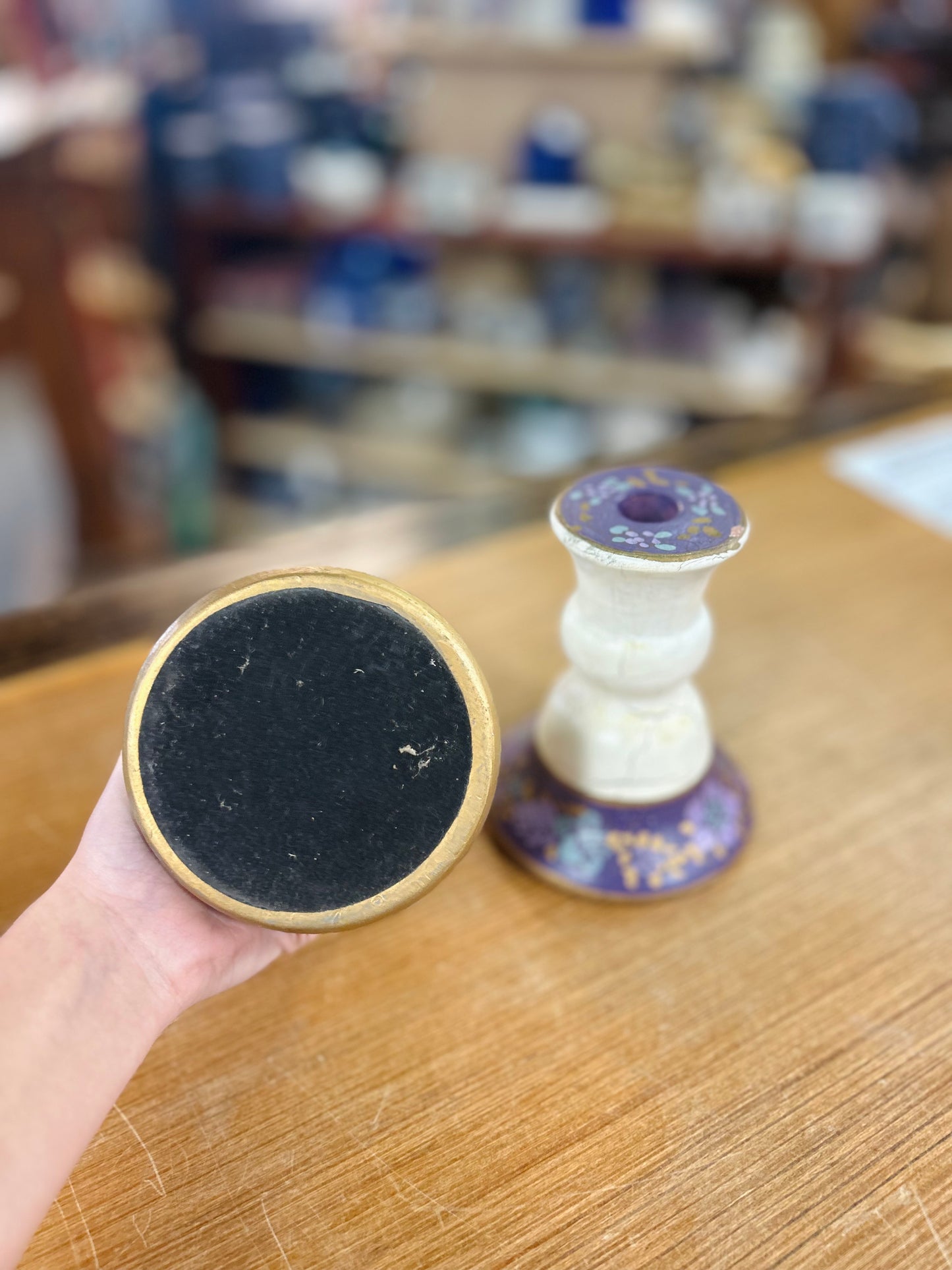 Vintage Hand Painted Ceramic Lidded Ginger Jar and Matching Candlesticks Set