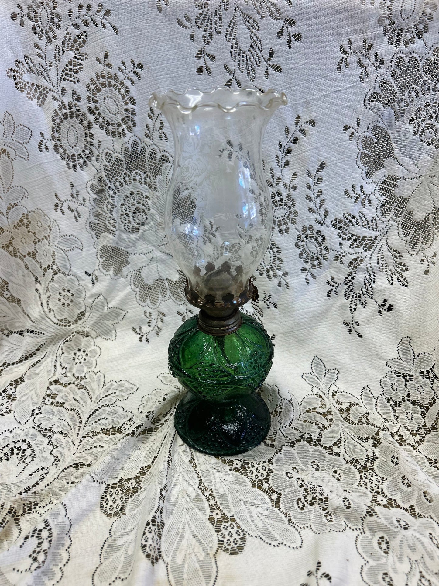 Vintage Green Glass With Floral Globe Lamp