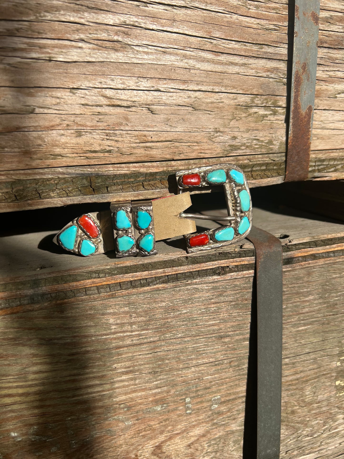 Vintage Angelita Cheama Sterling Silver Zuni Turquoise and Coral Belt Buckle Set