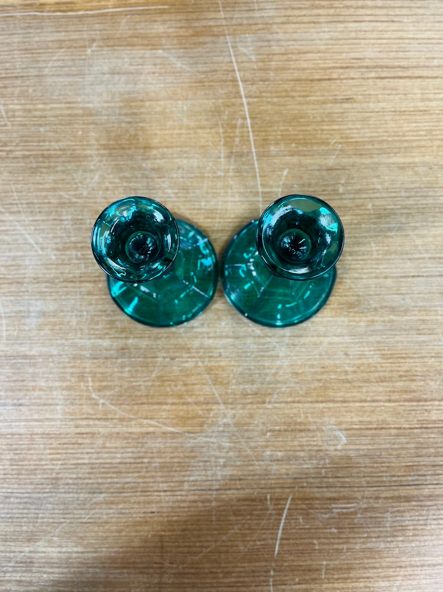 Vintage Idiana Glass Company Teal Green Candle Holder Set