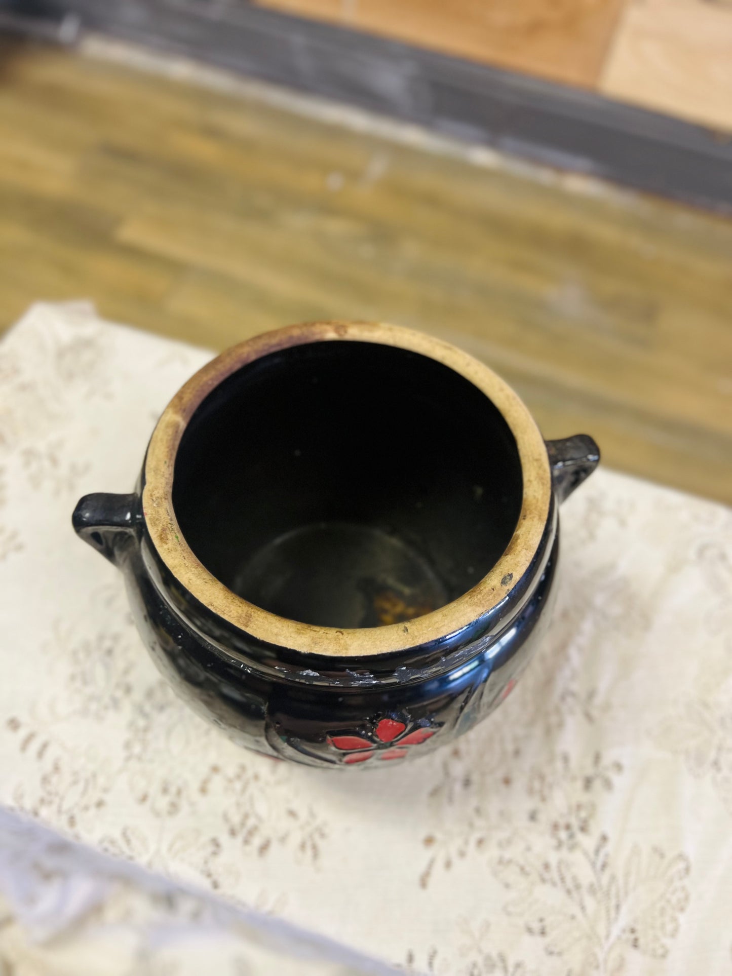 Vintage Pottery Stoneware Crock Featuring Hand-Painted Red Flowers on Black Finish