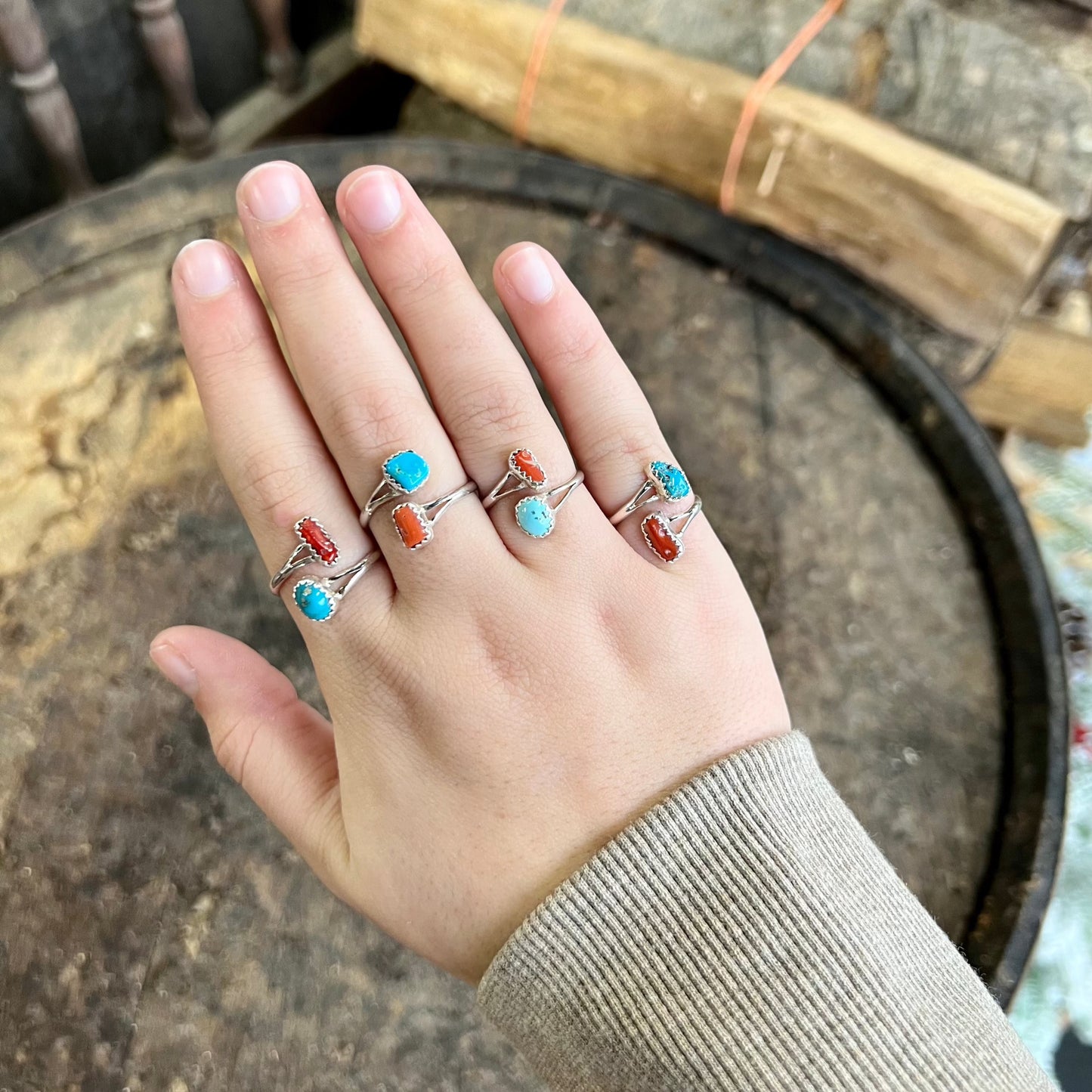 Coral and Turquoise Sterling Silver Wrap Ring
