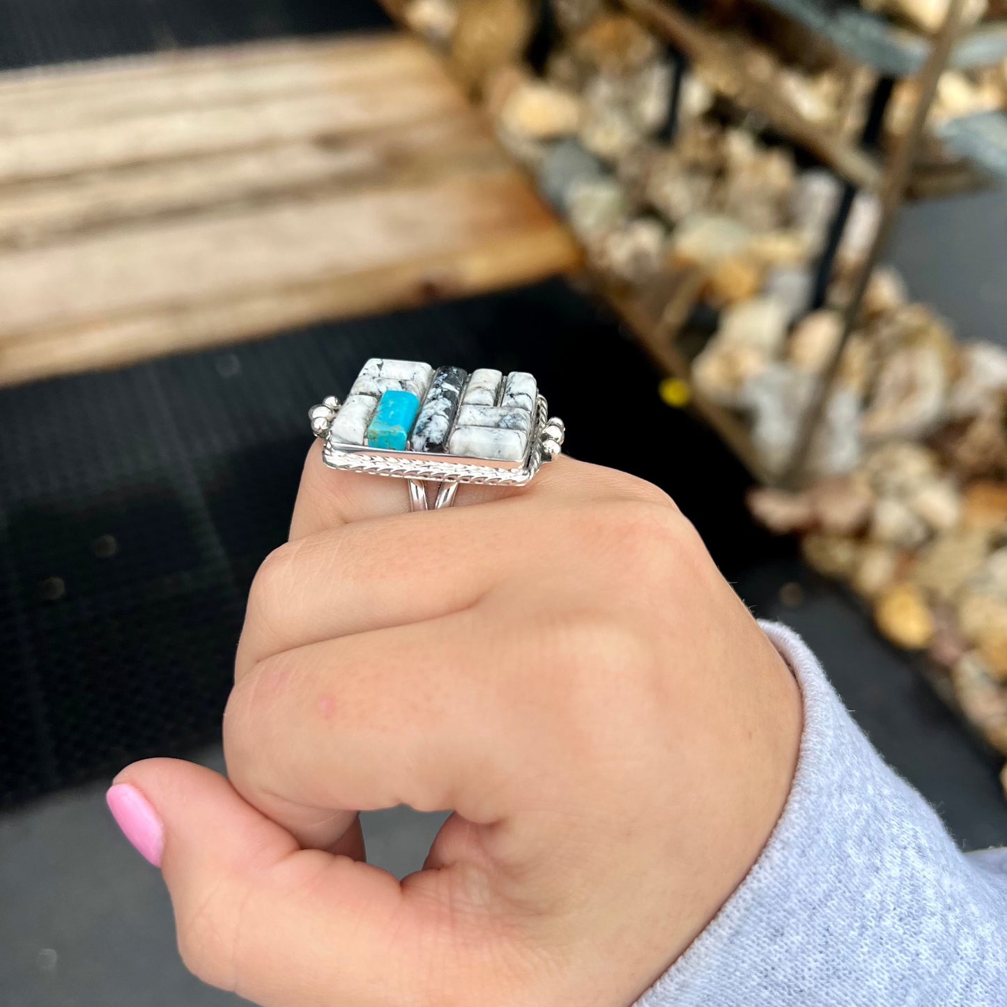 White Buffalo and Turquoise Inlay Statement Ring