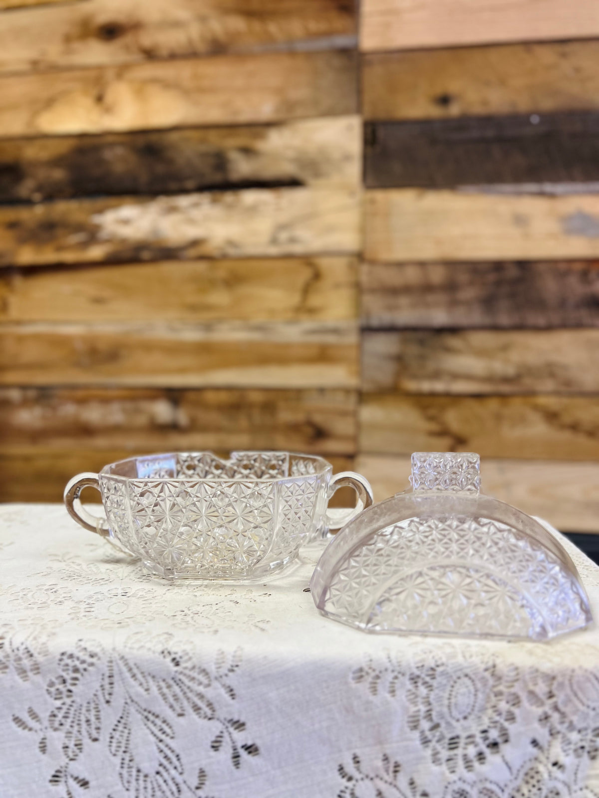 Vintage Double Handled Clear Pattern Covered Dish