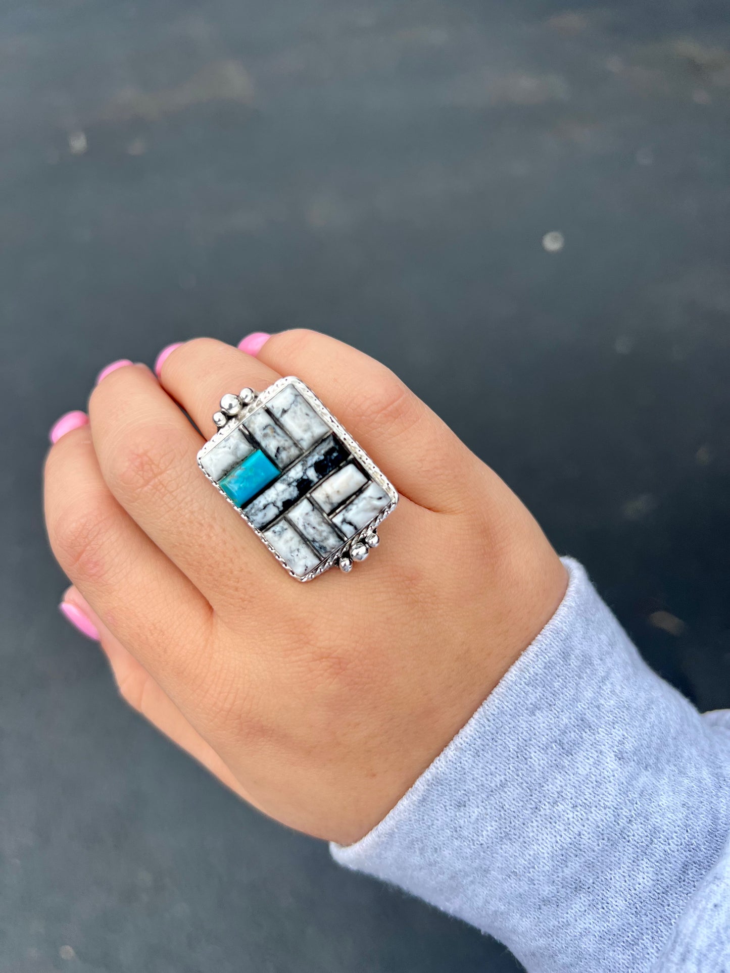 White Buffalo and Turquoise Inlay Statement Ring