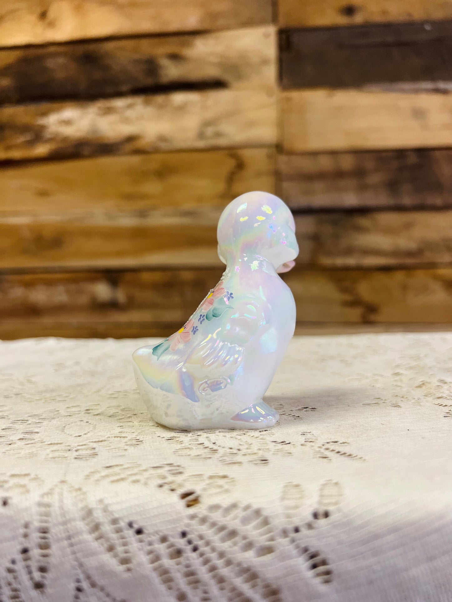 Vintage Fenton White Iridescent Milk Glass with Floral Details Duckling Figurine