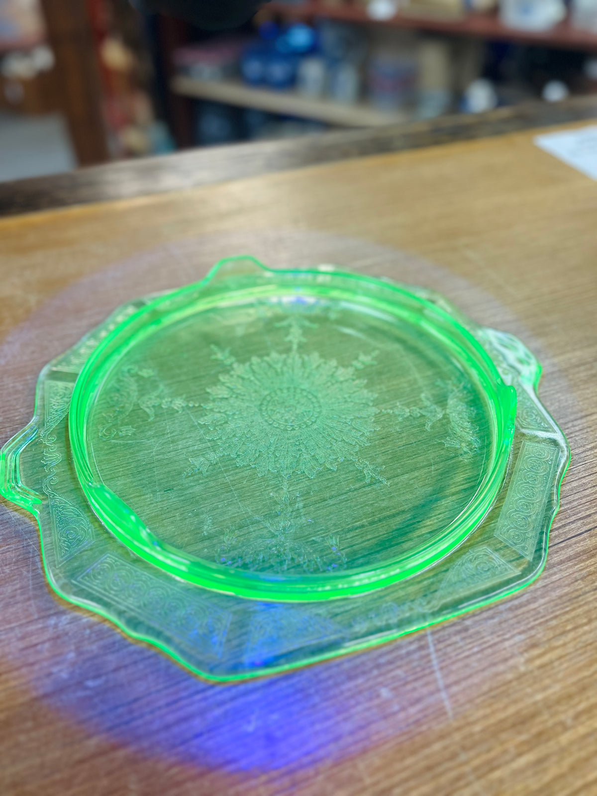 Vintage Green Uranium Glass Cake Platter