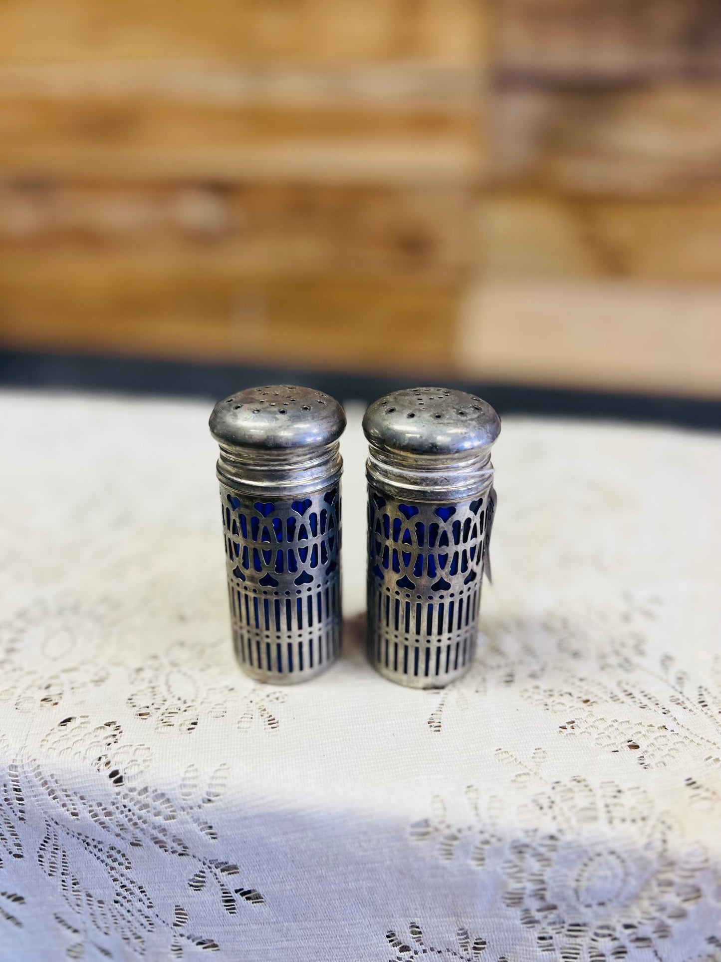 Vintage Cobalt Blue Salt and Pepper Shakers with Silver Plate