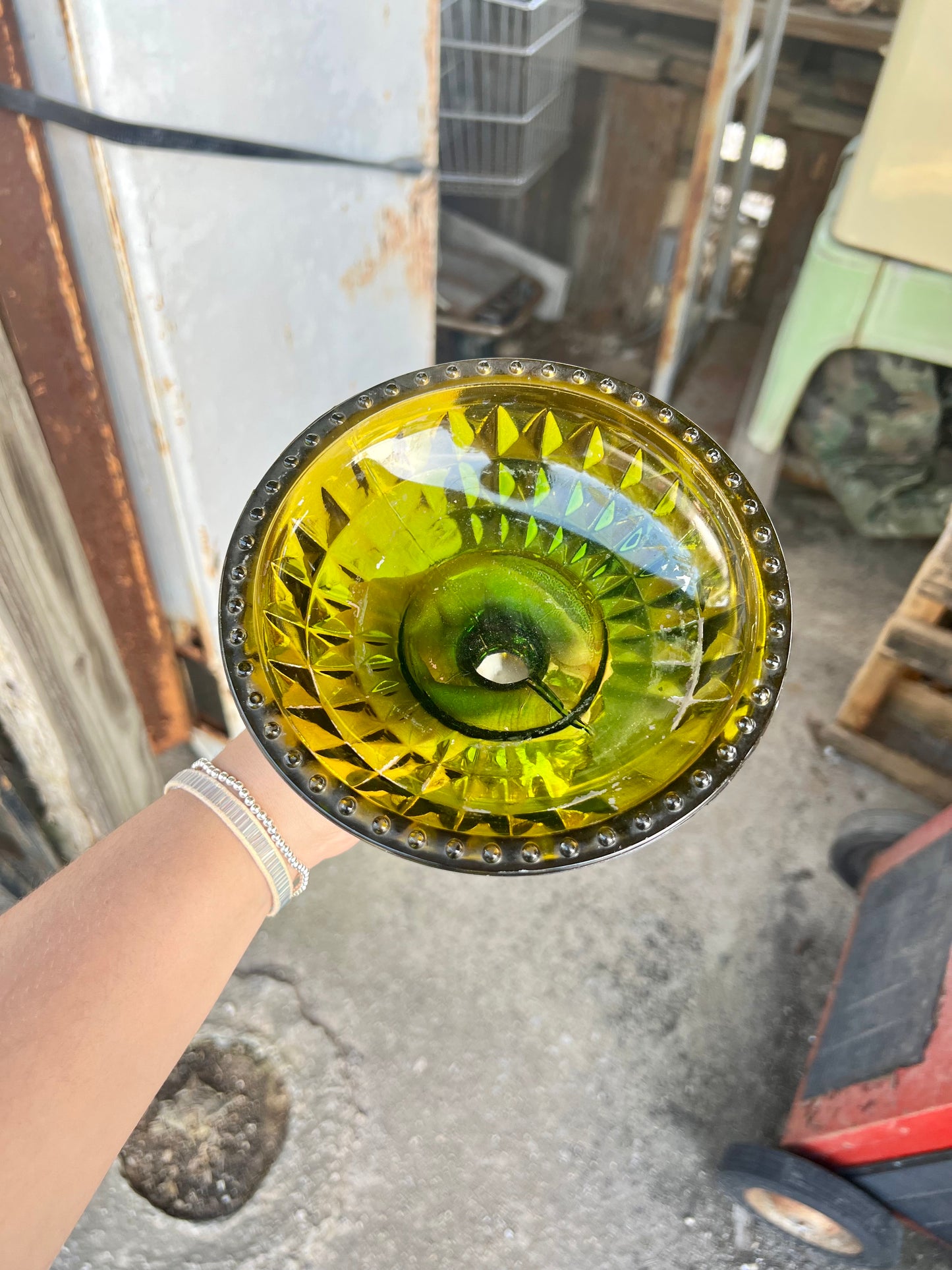 Vintage Pedestal Candy Dish Green and Yellow Ombre