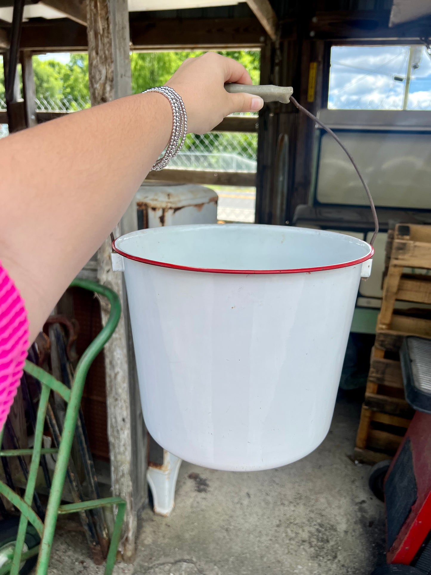 Red and White Large Enamel Pot with Handle