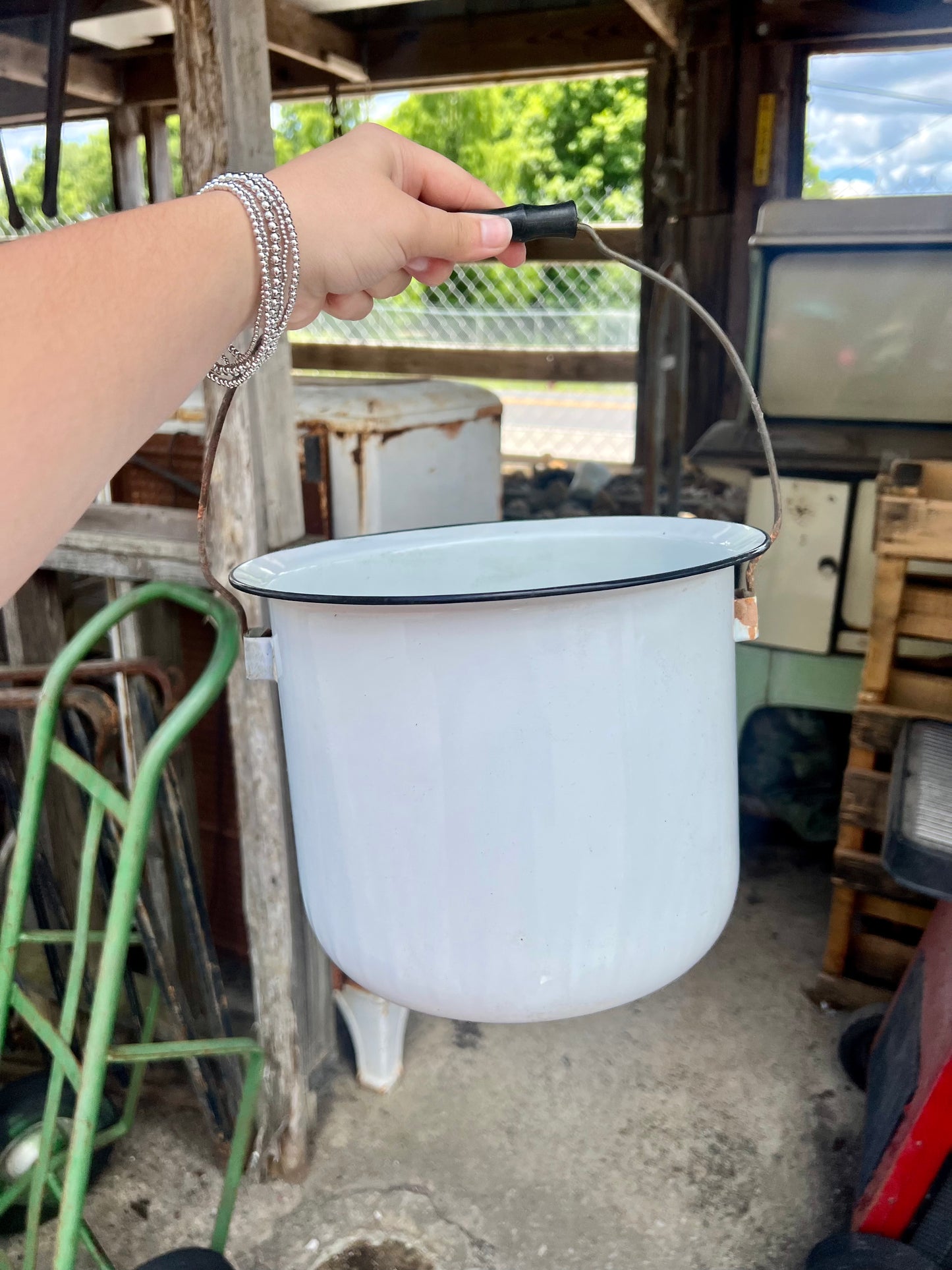 Black and White Enamel Pot with Handle