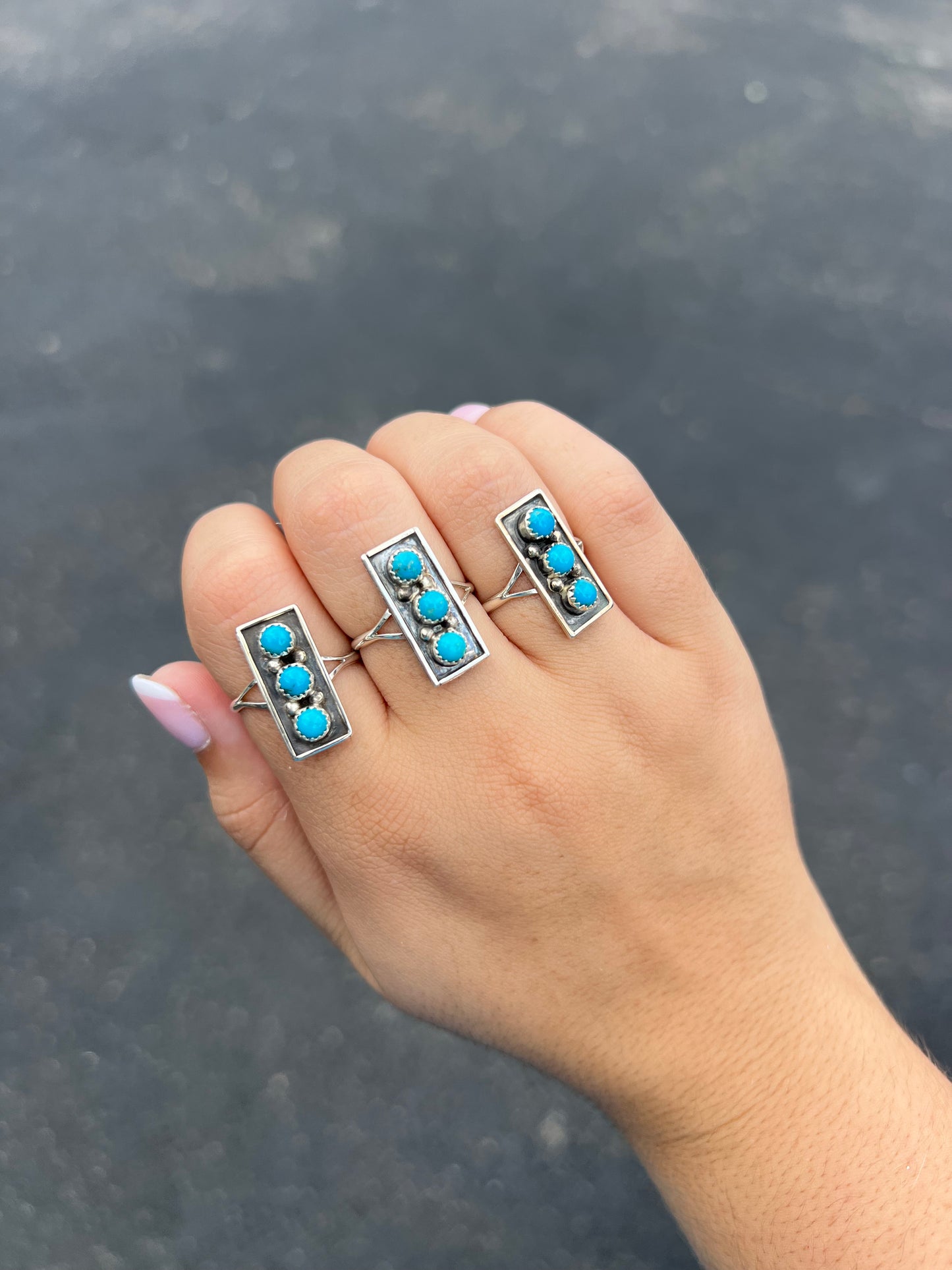 3 Stone Genuine Turquoise Sterling Silver Bar Ring