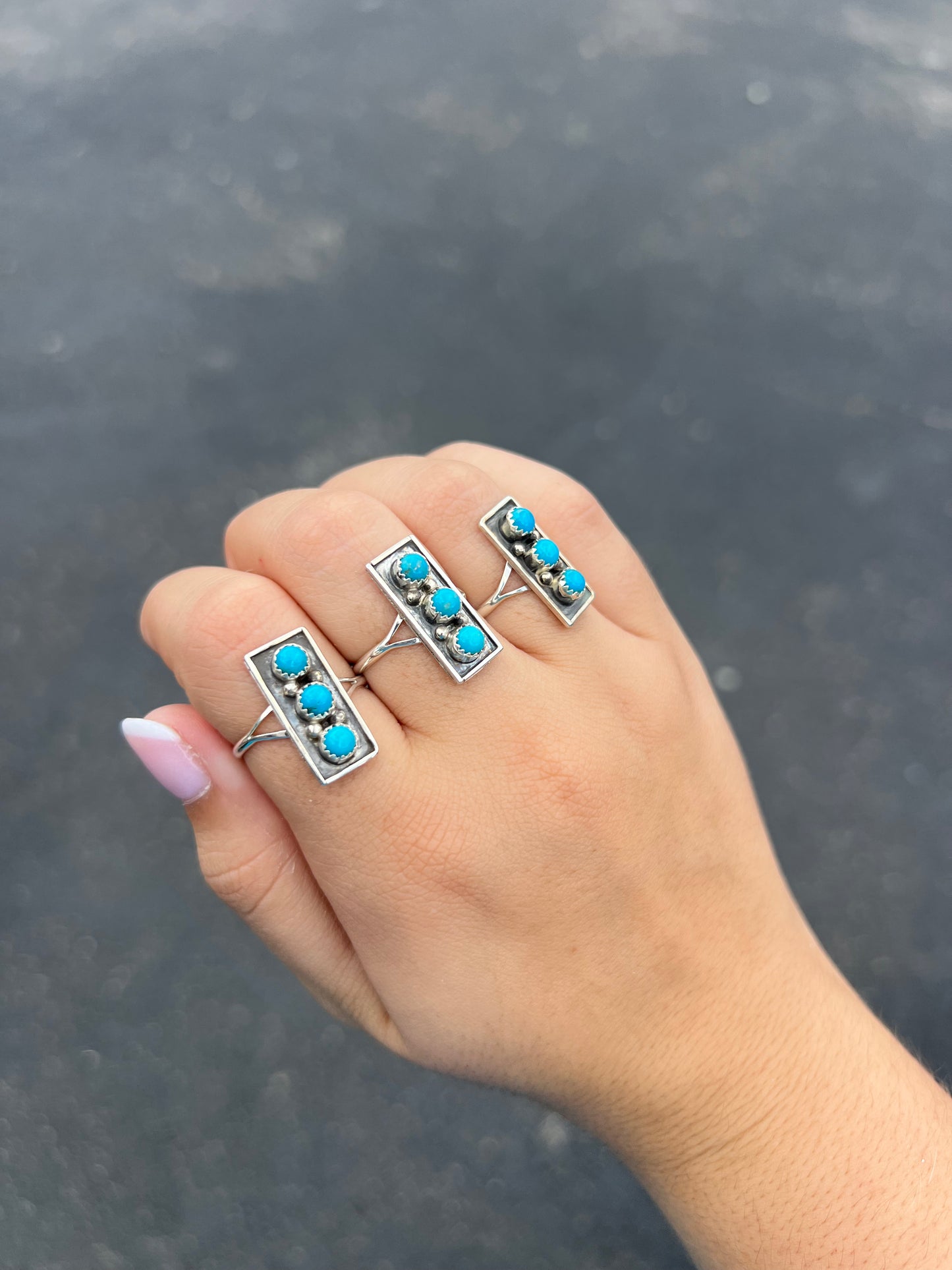 3 Stone Genuine Turquoise Sterling Silver Bar Ring