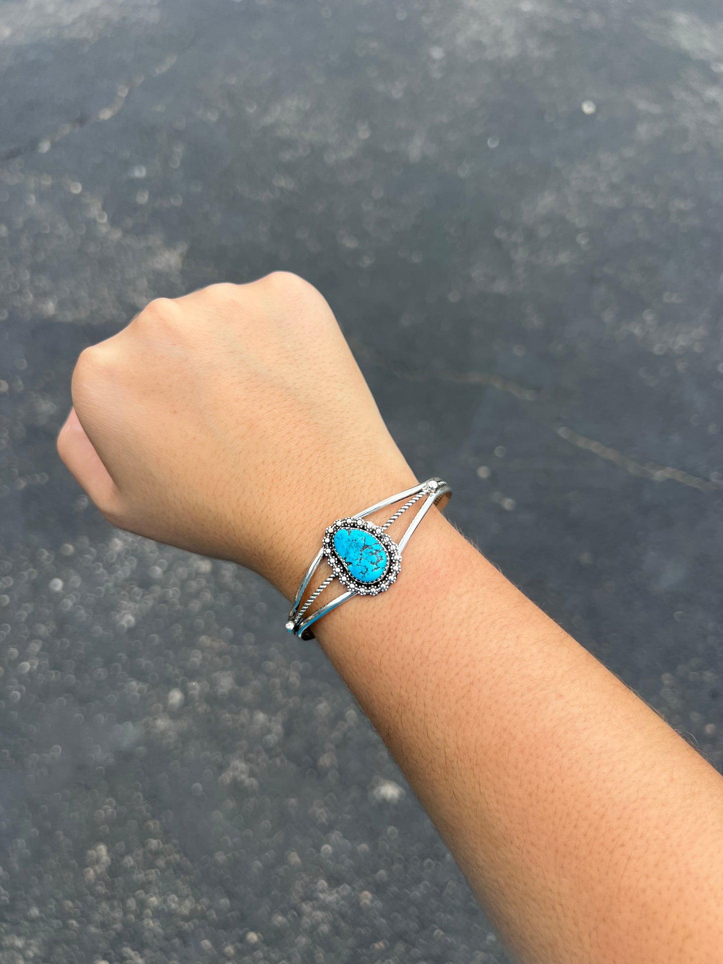 Genuine Kingman Turquoise Berry Border Sterling Silver Cuff Bracelet