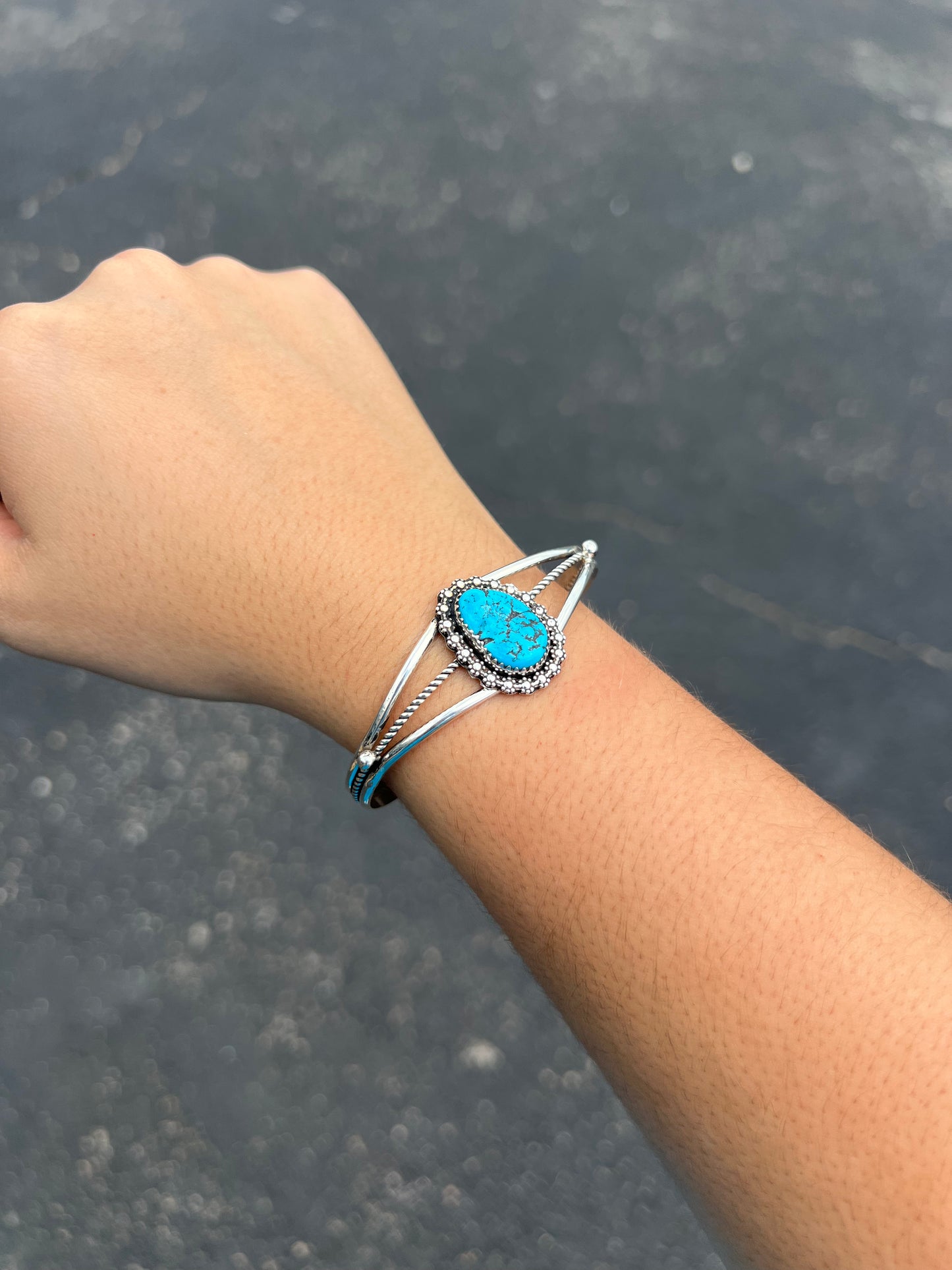Genuine Kingman Turquoise Berry Border Sterling Silver Cuff Bracelet
