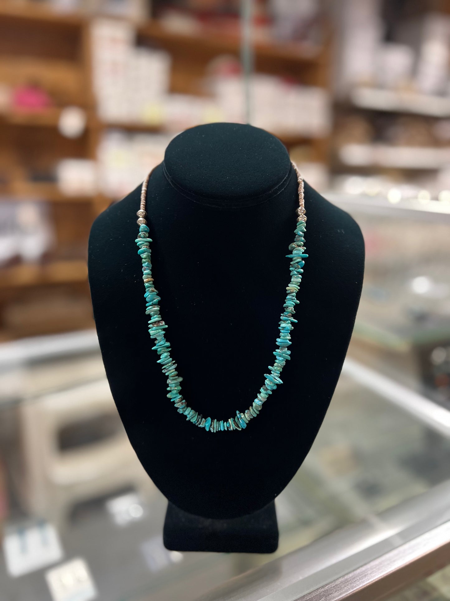 Genuine Natural Turquoise Nuggets and Brown Heishi Sterling Silver Necklace