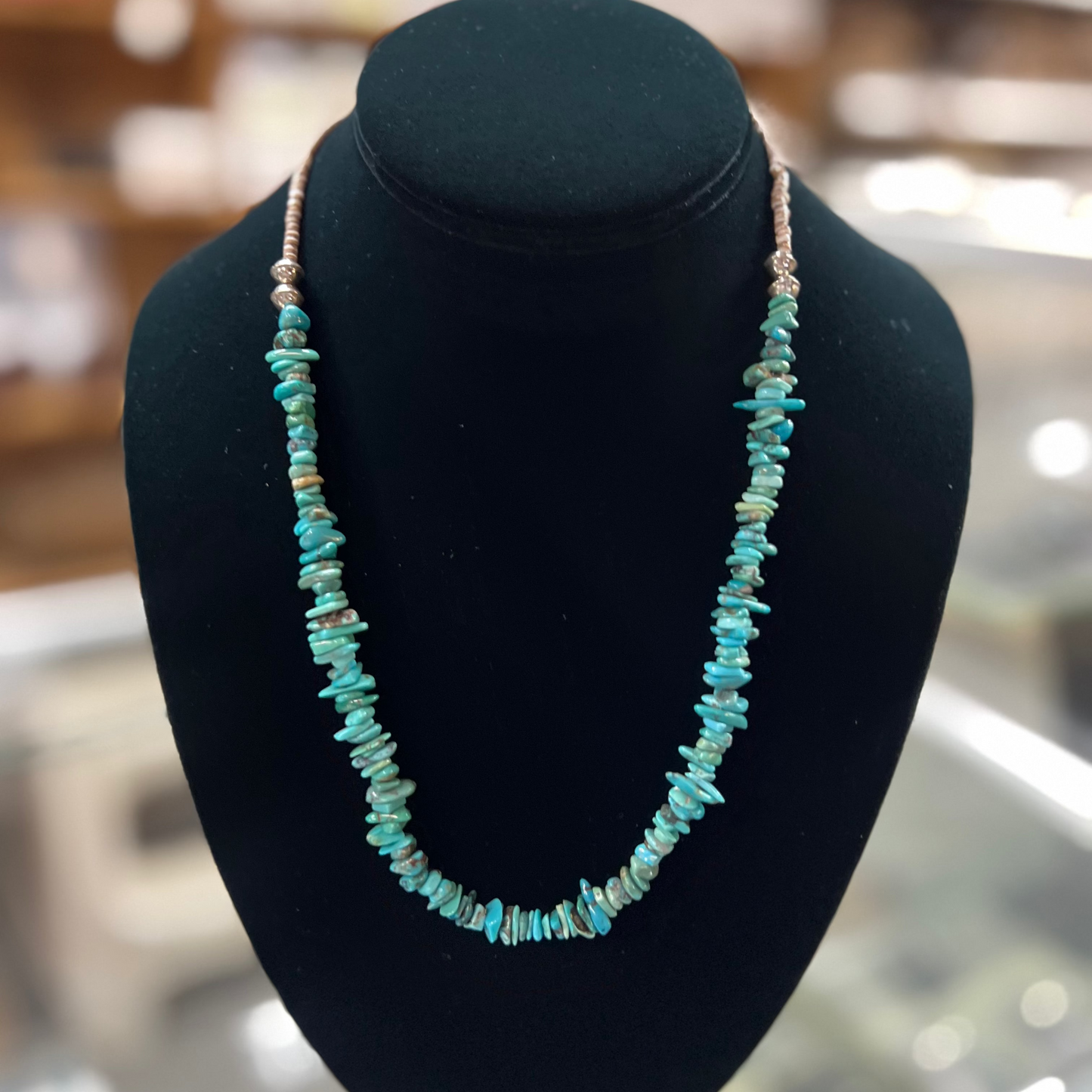 Genuine Natural Turquoise Nuggets and Brown Heishi Sterling Silver Necklace