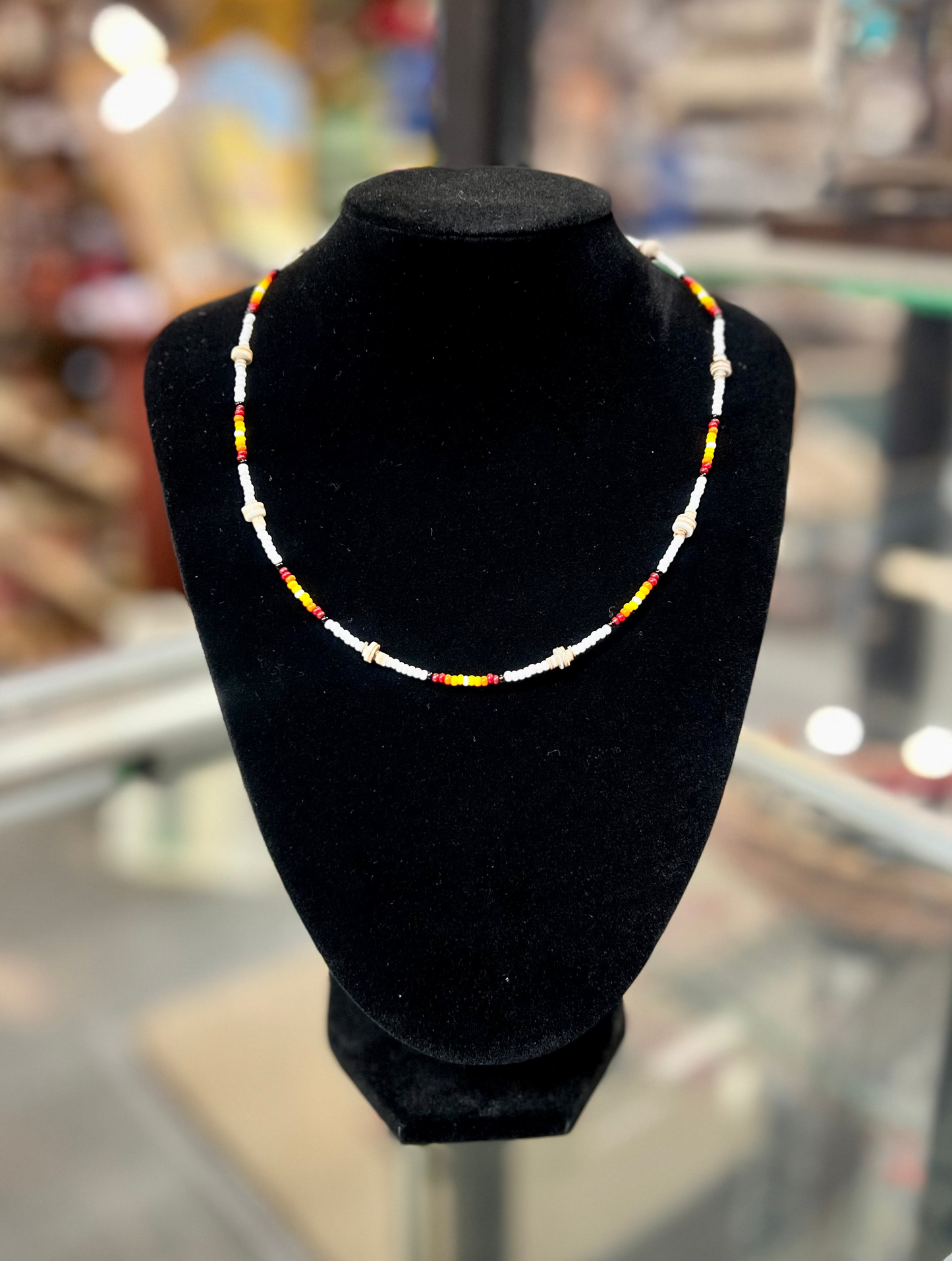 White Seed Bead Multicolor Necklace with Brown Heishi