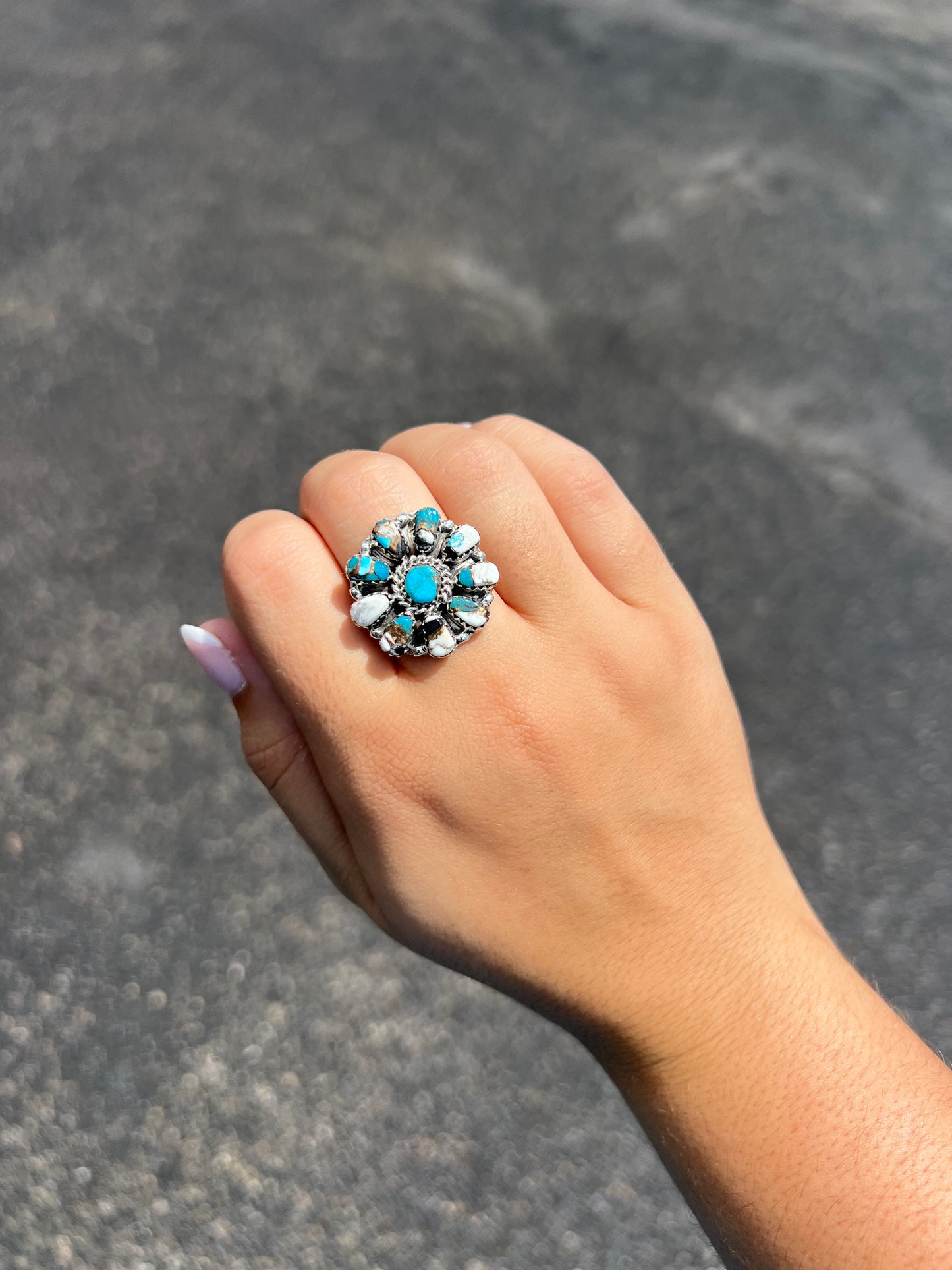 Genuine Turquoise, White Buffalo, Bronze Sterling Silver Cluster Ring