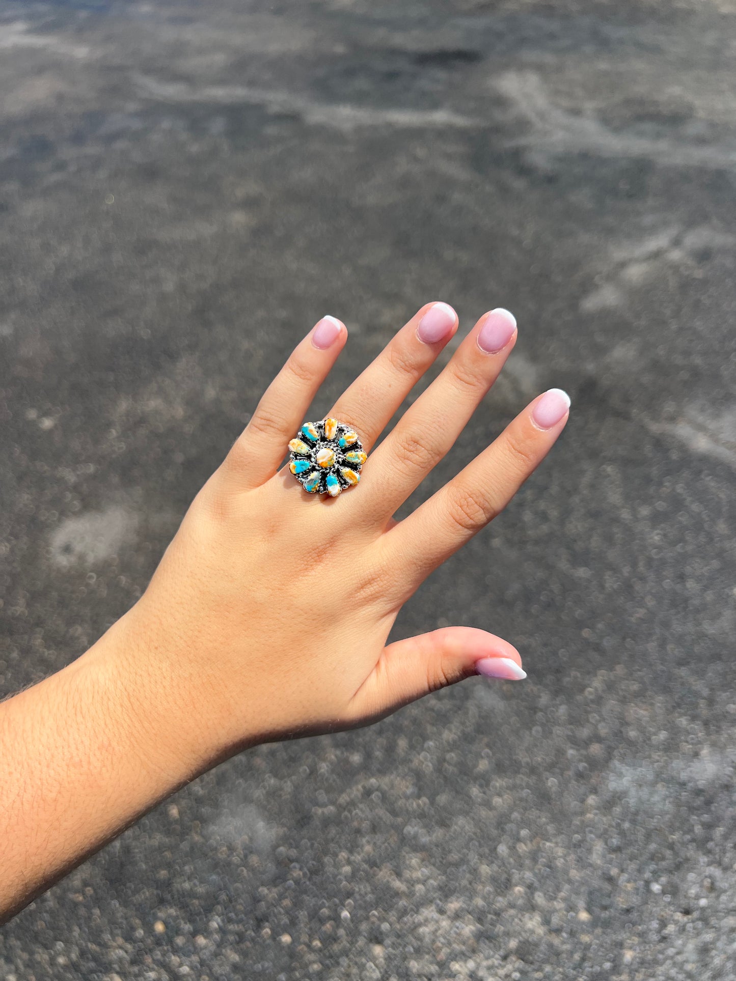 Genuine Turquoise / Orange Spiny Oyster Cluster Sterling Silver Ring