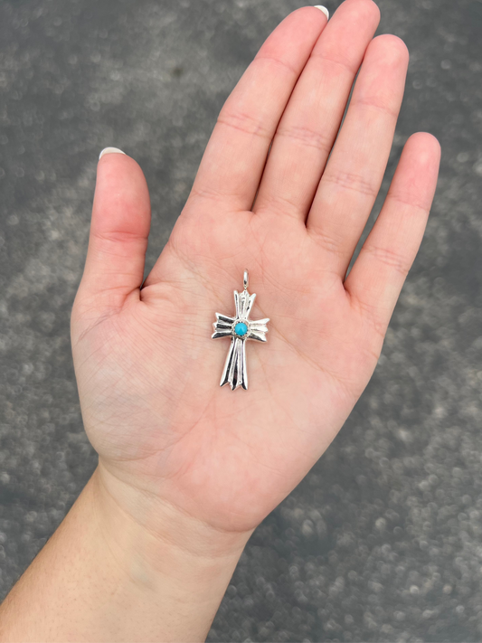 Genuine Turquoise Sterling Silver Cast Cross Pendant