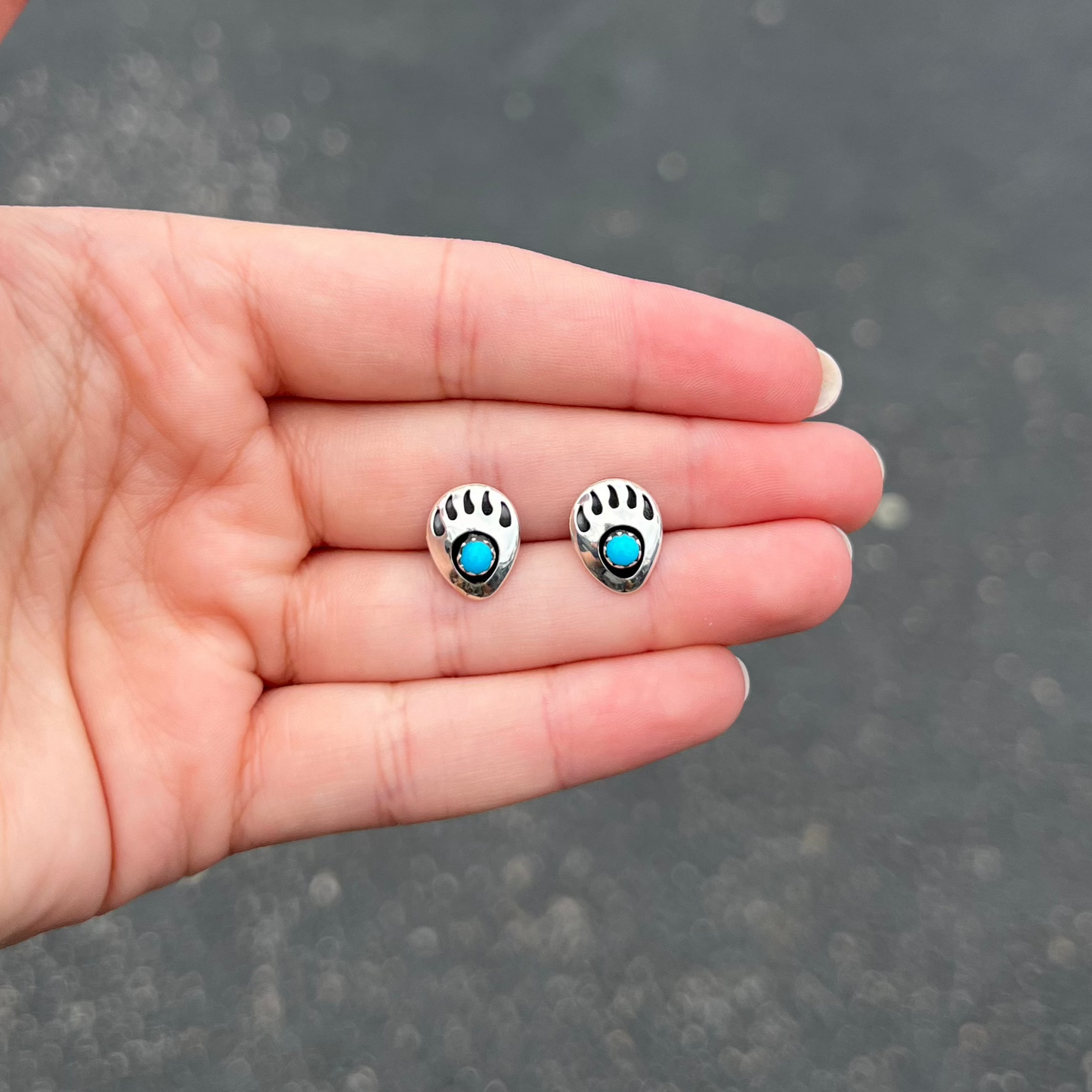Bear Paw Shadowbox Genuine Turquoise Sterling Silver Studs