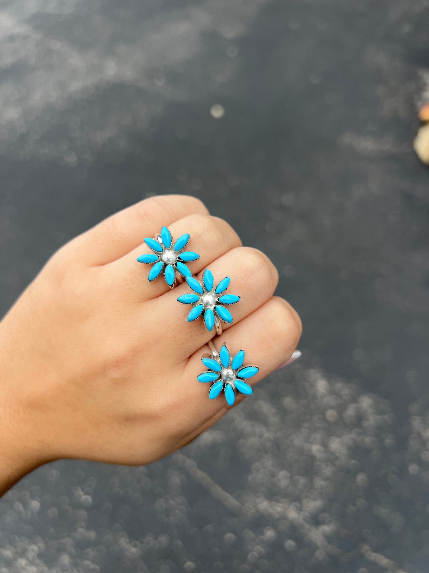 Genuine 8 Stone Turquoise Needlepoint Flower Sterling Silver Ring