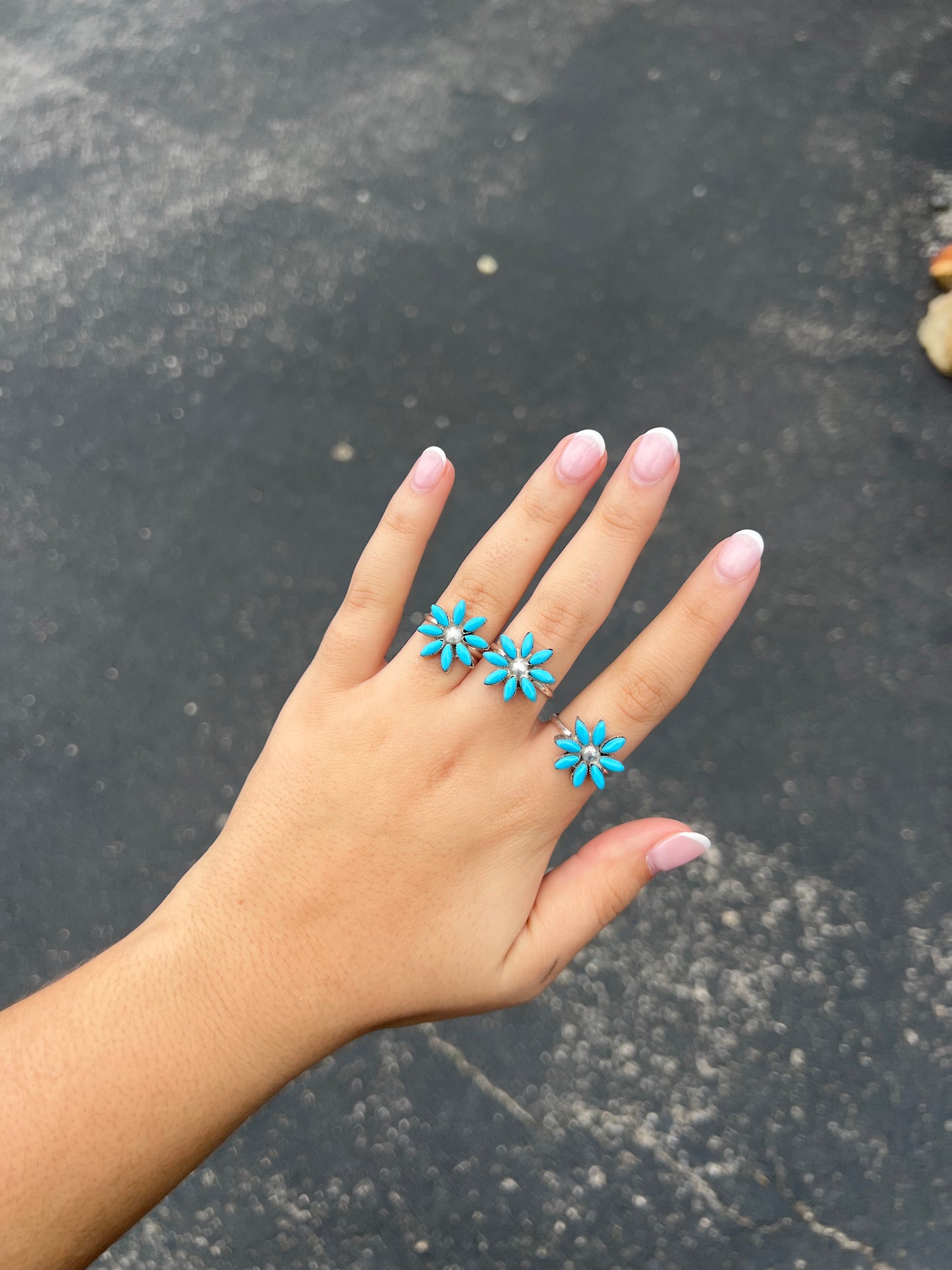 Genuine 8 Stone Turquoise Needlepoint Flower Sterling Silver Ring