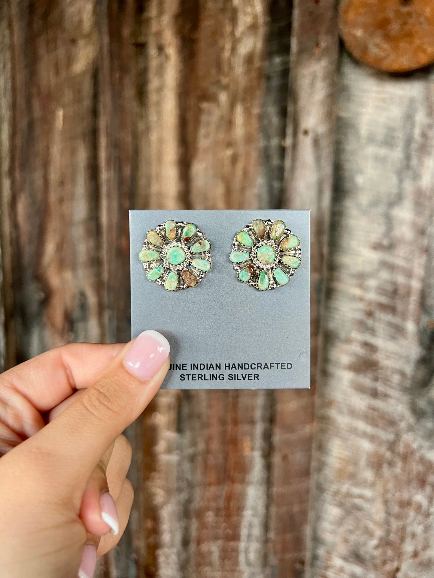 Genuine Green Kingman Turquoise 10 Stone Sterling Silver Cluster Earrings