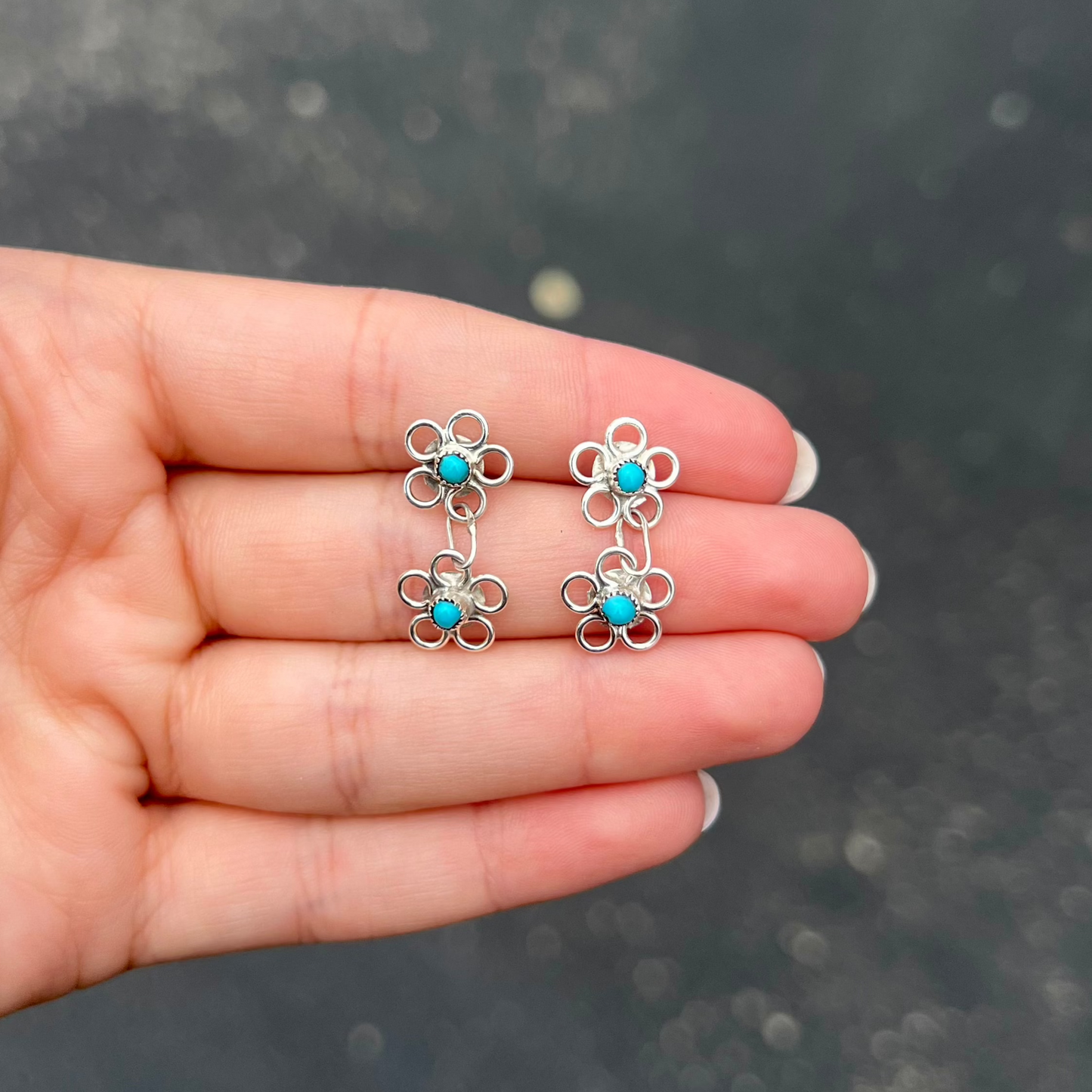 Oh My Daisy Genuine Turquoise Sterling Silver Double Flower Dangle Earrings