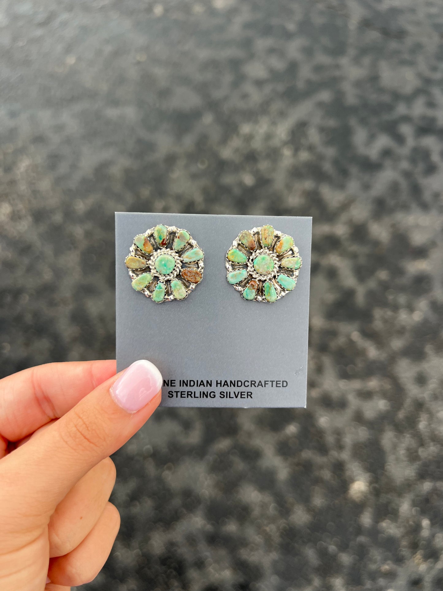 Genuine Green Kingman Turquoise 10 Stone Sterling Silver Cluster Earrings